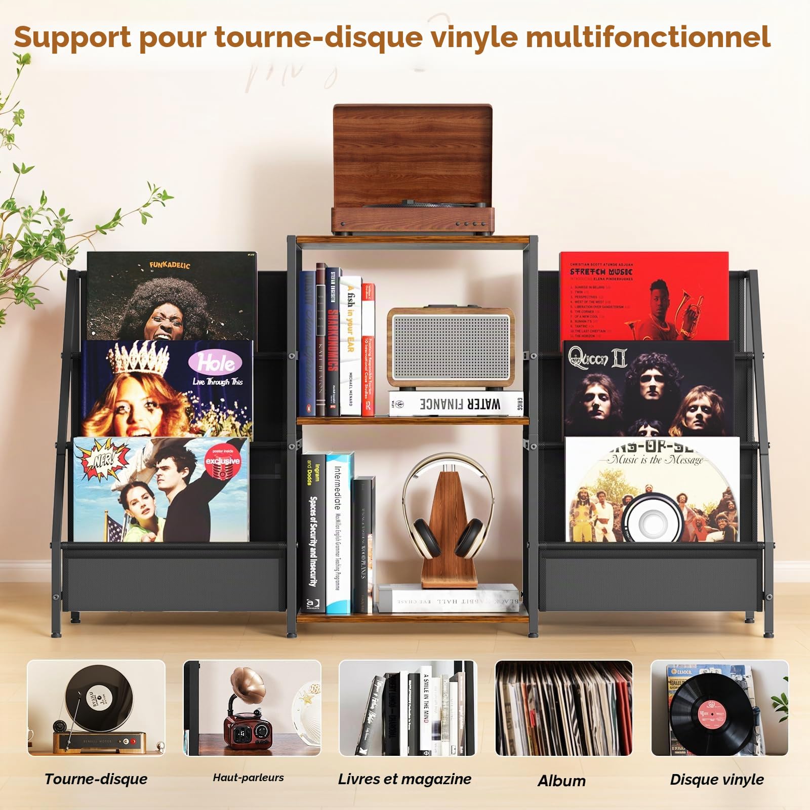 Support pour tourne-disques, table d'appoint à 3 niveaux, rangement de disques vinyles jusqu'à 200 albums, 123 x 30 x 73 cm, support de table tournante pour l'affichage et le rangement dans