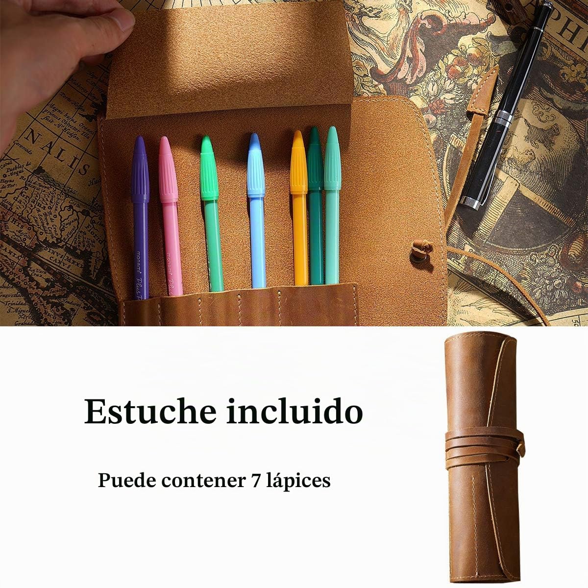 Enrollable Estuches Cuero Bolsa de Lápiz Impermeable Portátil Organizador Pencil Case para Hombre Mujer Estudiante Escuela Marrón