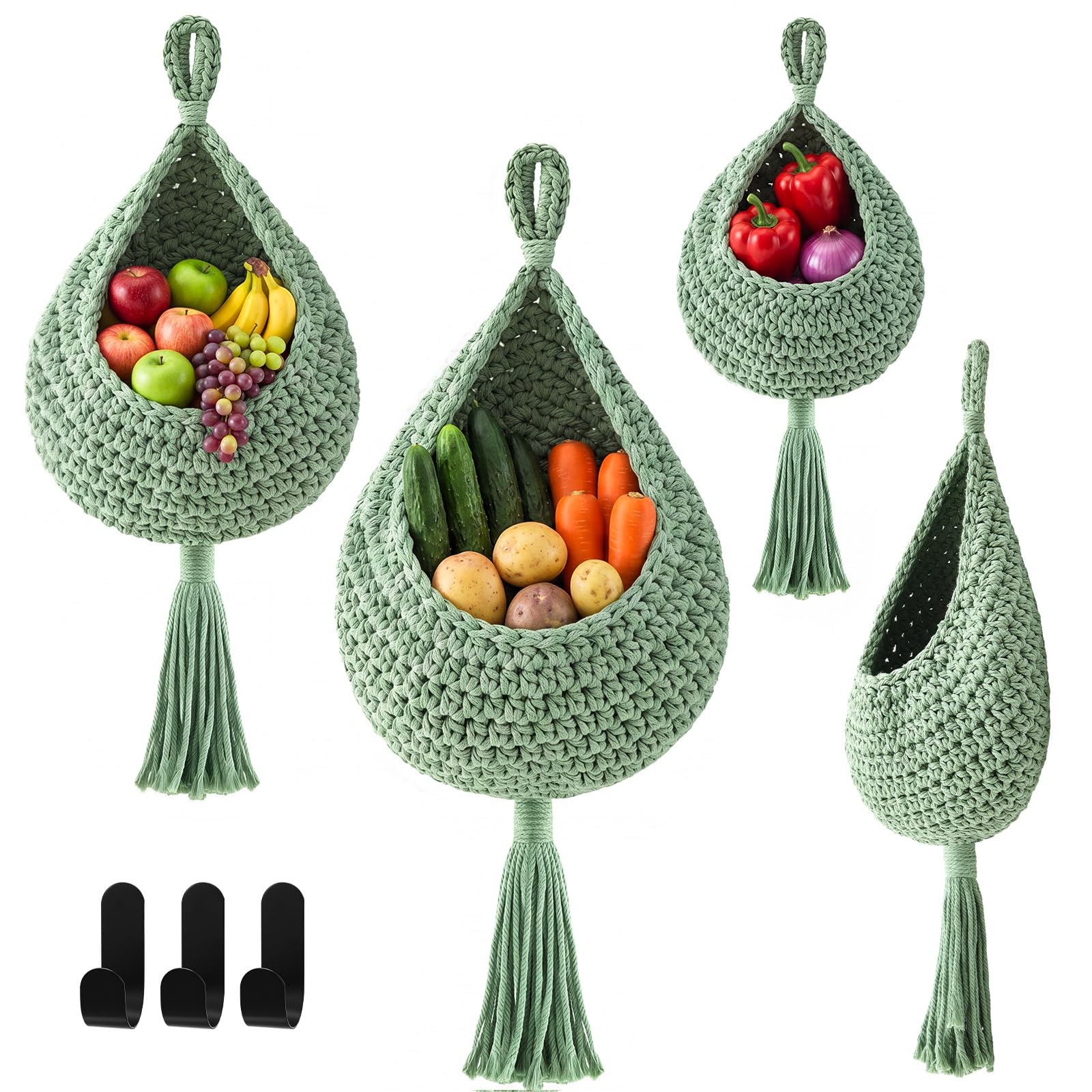 Honeydak 3 Hanging Baskets, Sage Green, Tassel Teardrop
