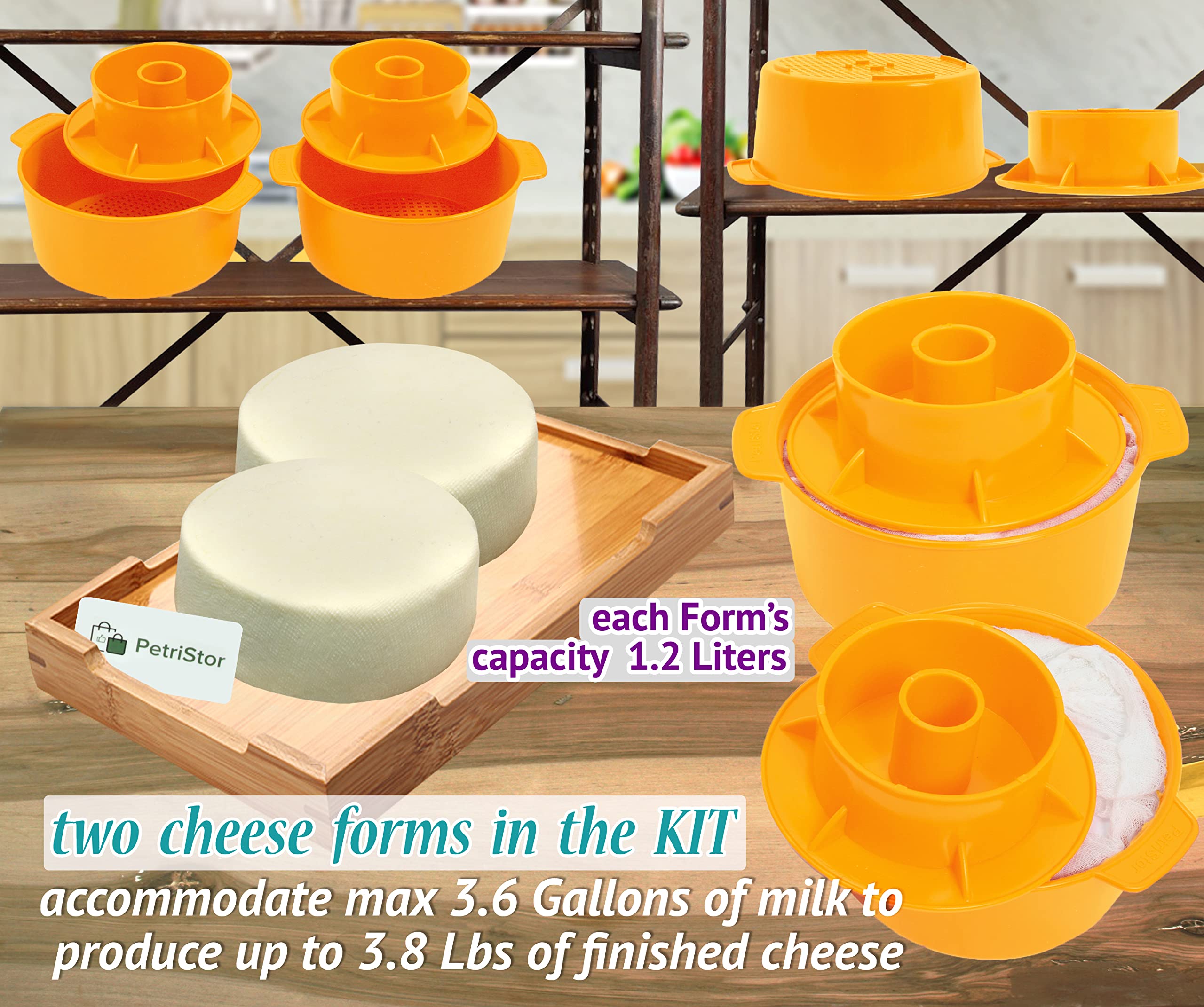 PetriStor 2-teiliges Käseherstellungs-Set, Butter-gestanzt, Cheese-Formpresse, Sieb, Käse mit Kolben, 1,2 Liter, Tofu-Pressform, Käseherstellungs-Set, Maschinenfarbe: Gelb