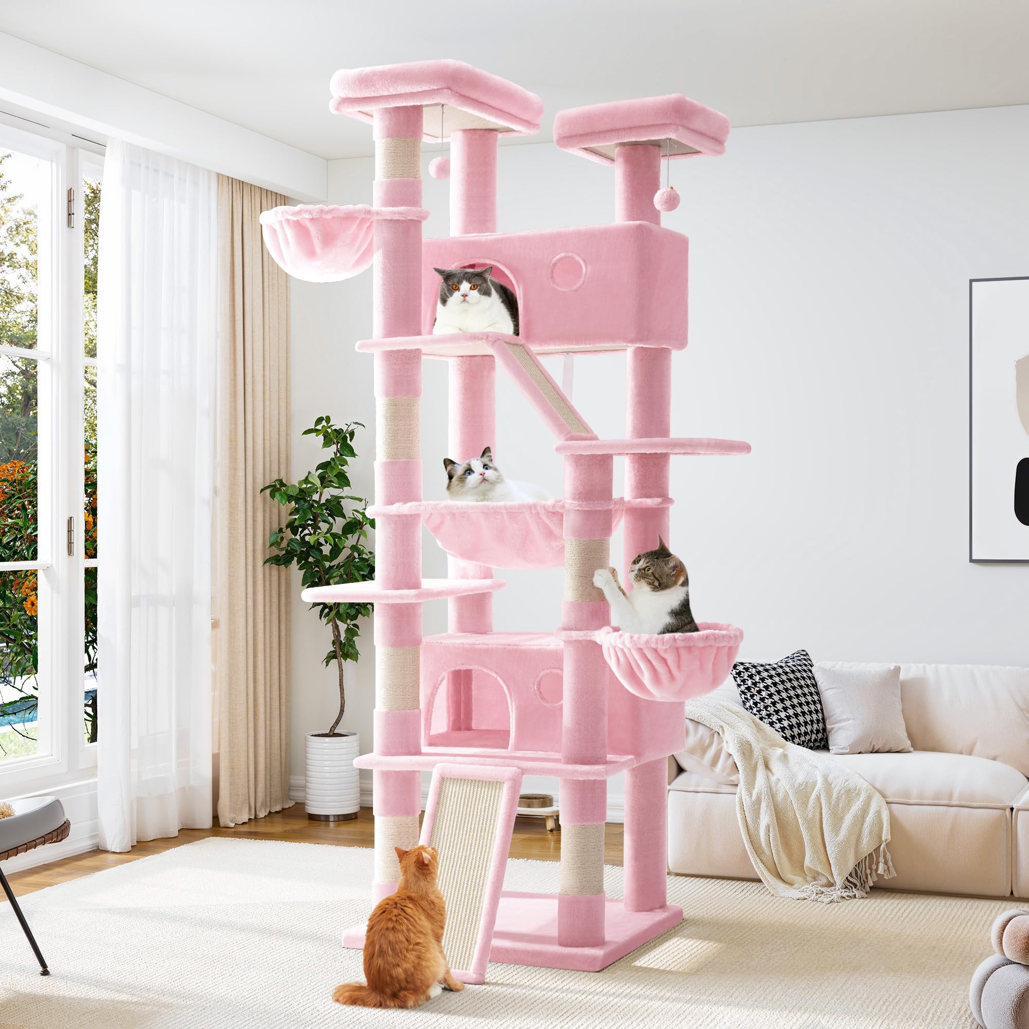Allewie 81 Inches Tall Cat Tree/Multi-Level Large Climbing Tree House and Towers for Big Feline/Condo and Hammock/Scratching Post/Wide Base/Pink
