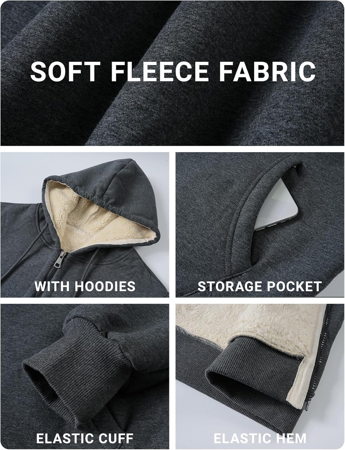 PEHMEA Men's Warm Thicken Fleece Hoodie Sherpa Lined Full-Zip Sweatshirt Jacket - Image 4