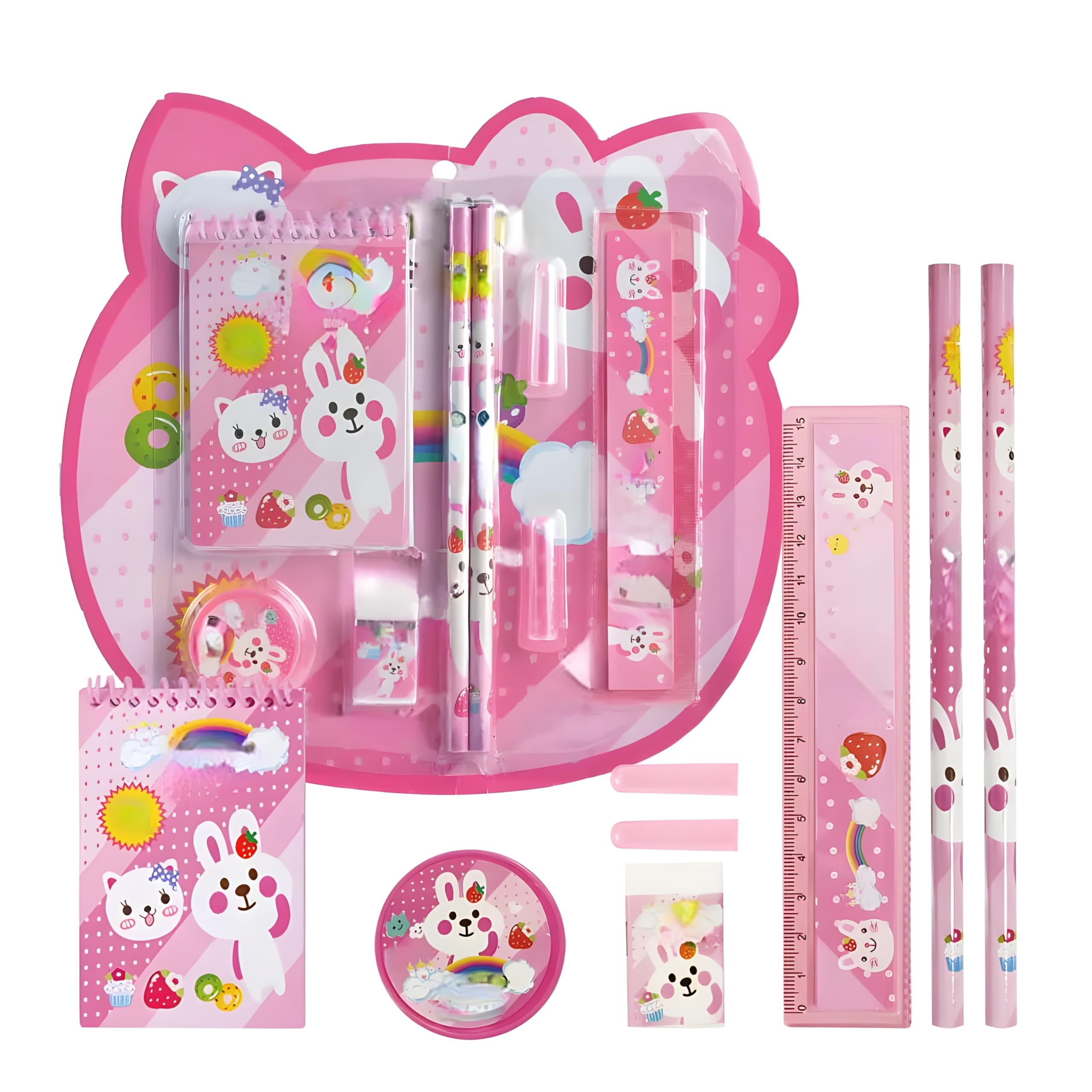 Sangpri 8 in1 Mix Stationery Gift Set for Kids, Stationary Set Including Pencil, Notebook, Ruler, Rubber, Pencil Sharpener, Pencil Cover (Multi Color)