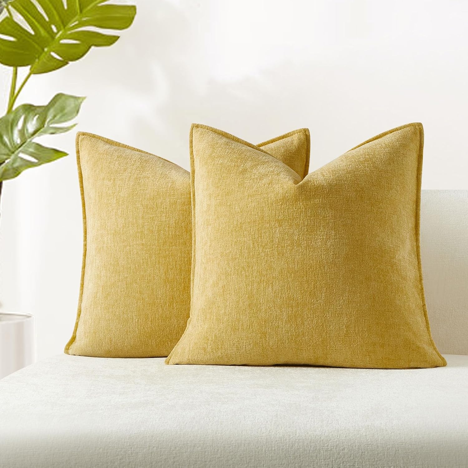 JUSPURBET 18x18 Throw Pillow Covers Set of 2 Decorative Pillow Covers for Couch Sofa Bed Cozy Chenille Cushion Covers Cases with Invisible Zipper for Living Room Home Decor,Yellow