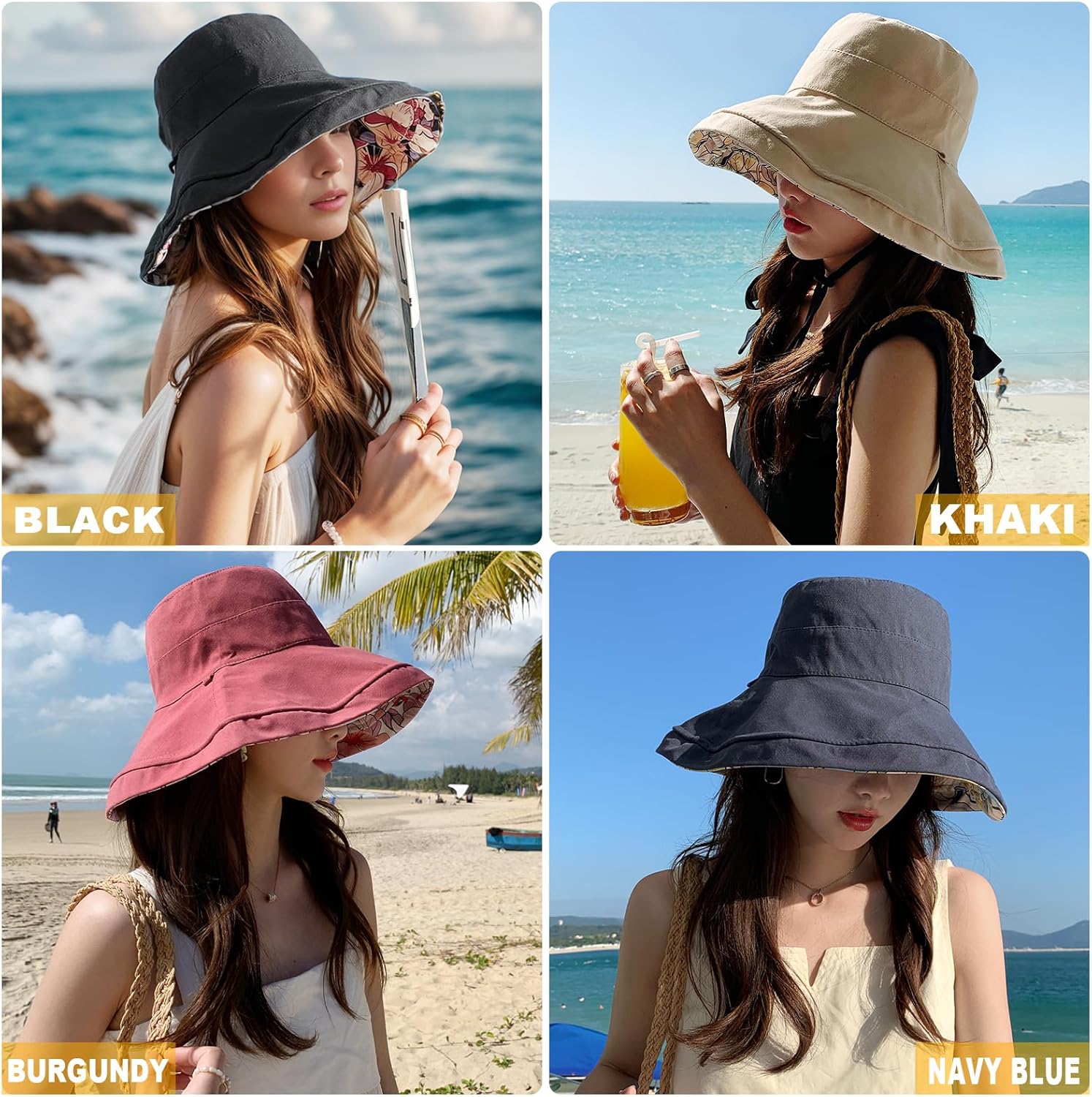 Women's Wide Brim Sun Hats UV Protection - Reversible Bucket Hat Foldable Beach Hat with Chin Strap Summer Hat for Travel - Image 5