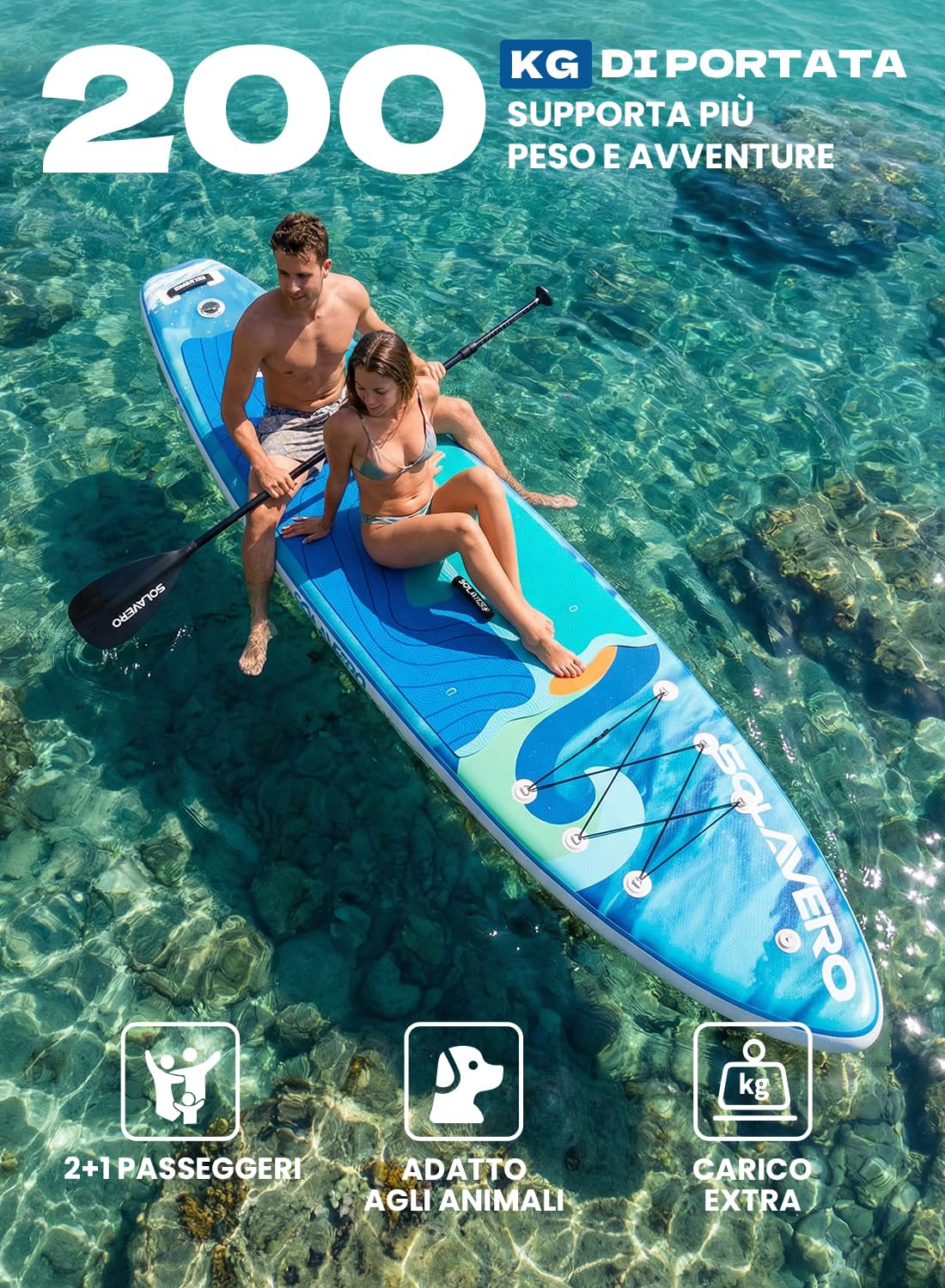 SOLAVERO Tavola da Sup Gonfiabile, 335 x 83 x 15 cm Tavola da Paddle con Antiscivolo EVA, Pagaia Regolabile, 3 Pinne, Surf Gonfiabile per Tutti i Livelli di Abilità, Fino a 200kg