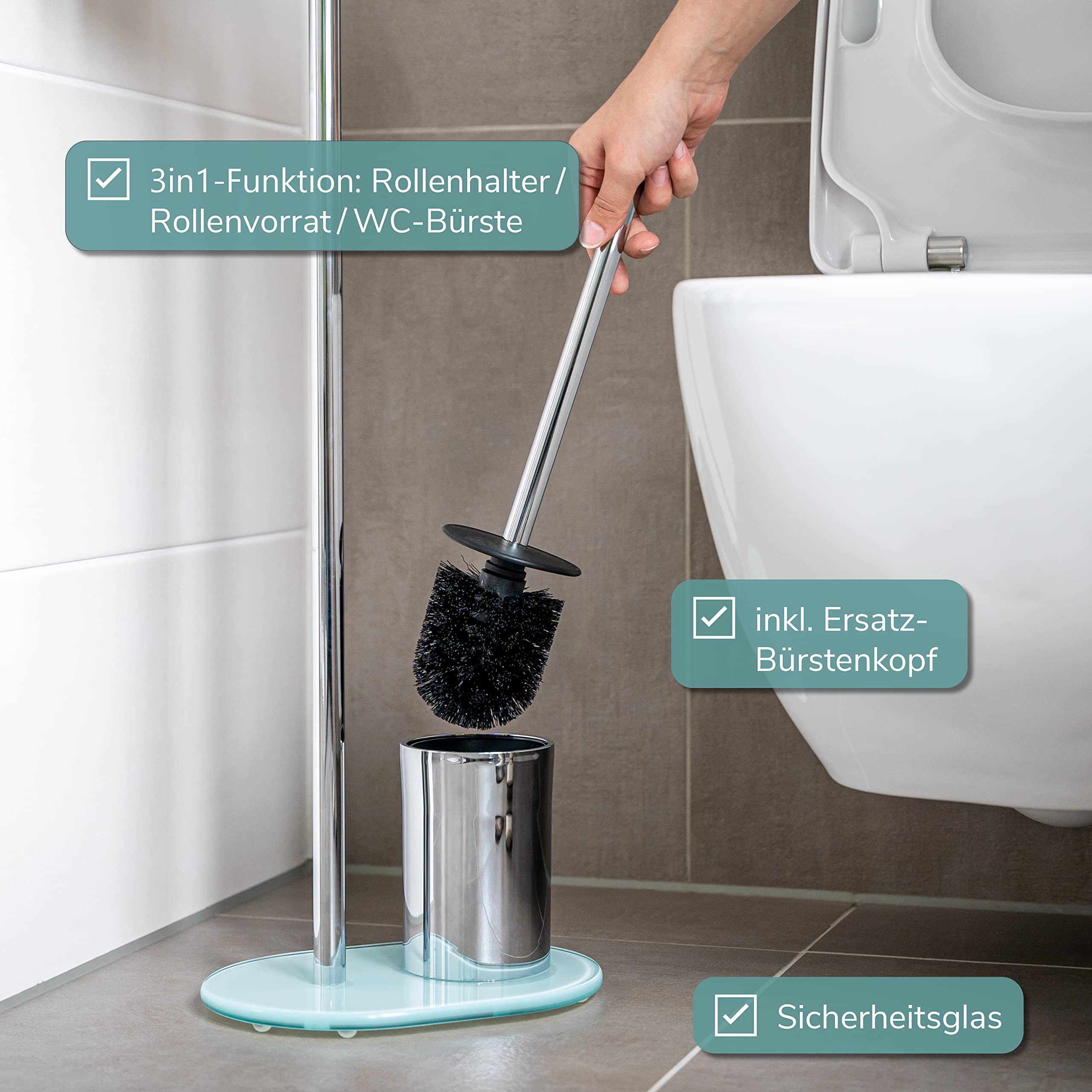 Garniture WC Bremermann TIRANO - Brosse Avec Insert Verre Et 3 Têtes De