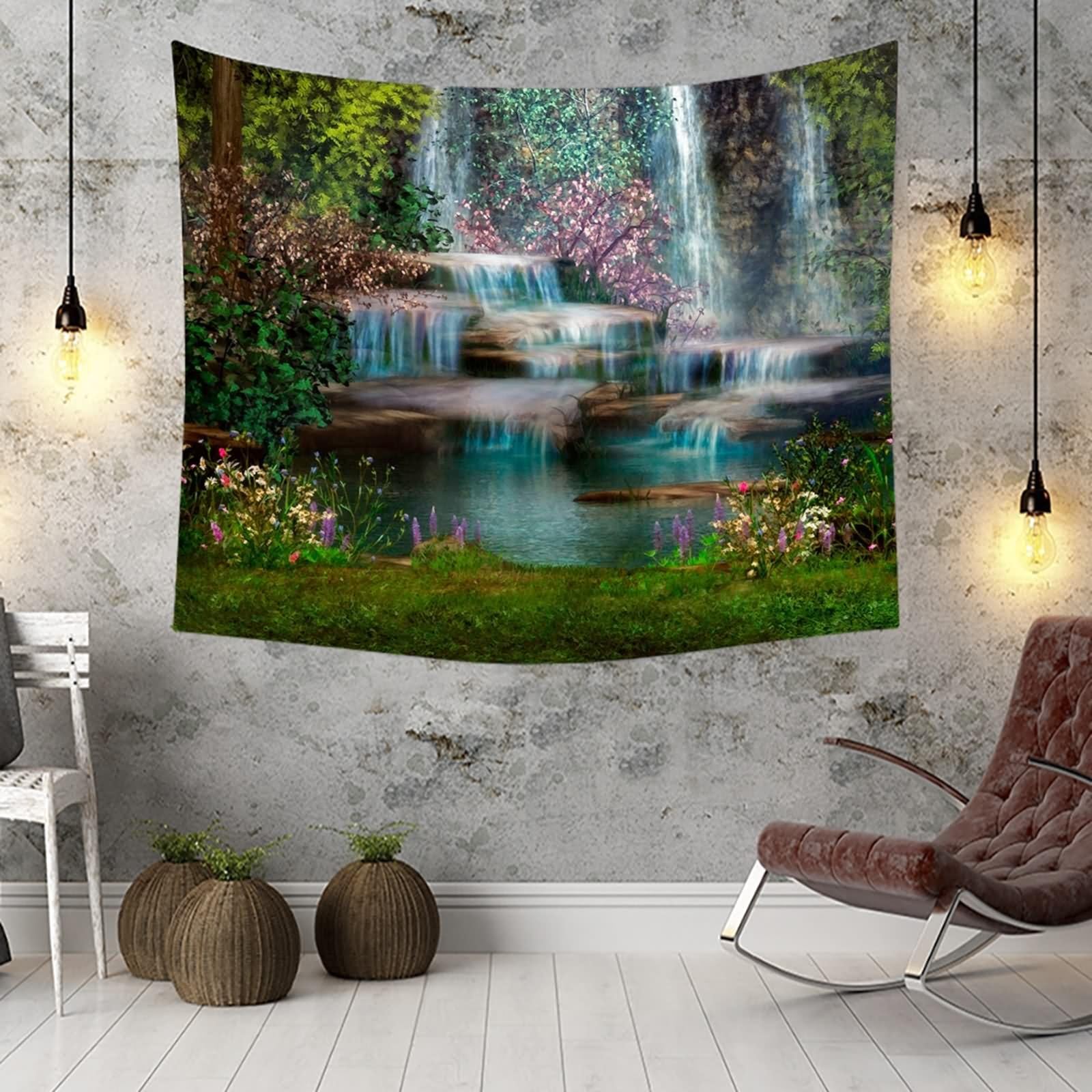 Aotiwe Dekoracja ścienna do pokoju, dywan ścienny w stylu boho, długie drzewa i wodospad, zielono-brązowy, 240 x 220 cm, dekoracja ścienna