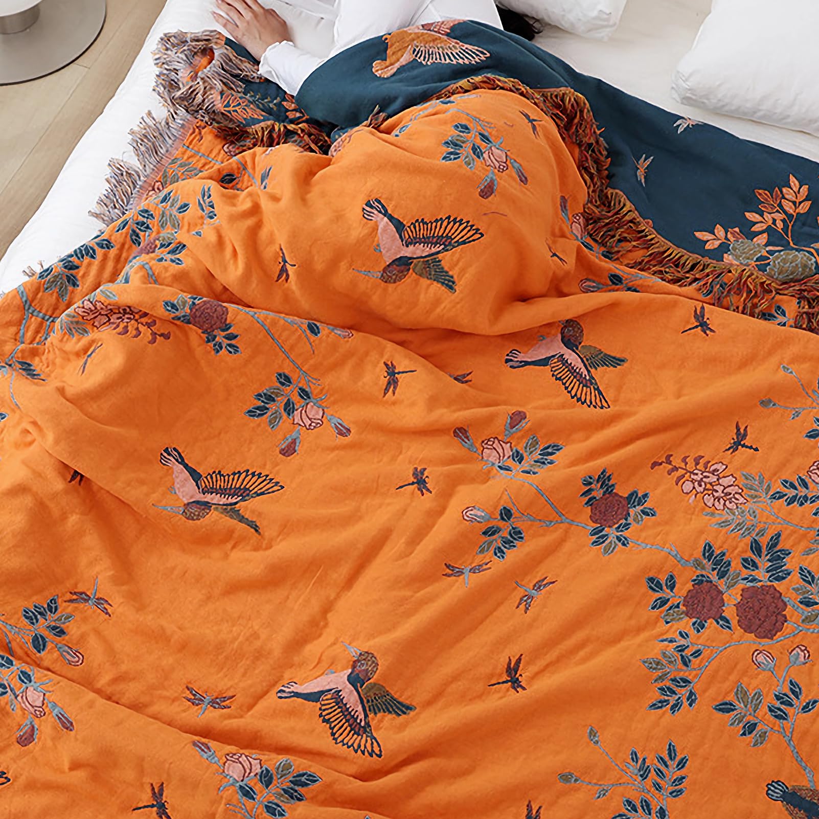 Manta bohemia grande de doble cara, 100% algodón orgánico, tejida a mano, acogedor acento bohemio para sofás y sillones de 2 a 3 plazas, 200 x 230 cm, pájaro naranja