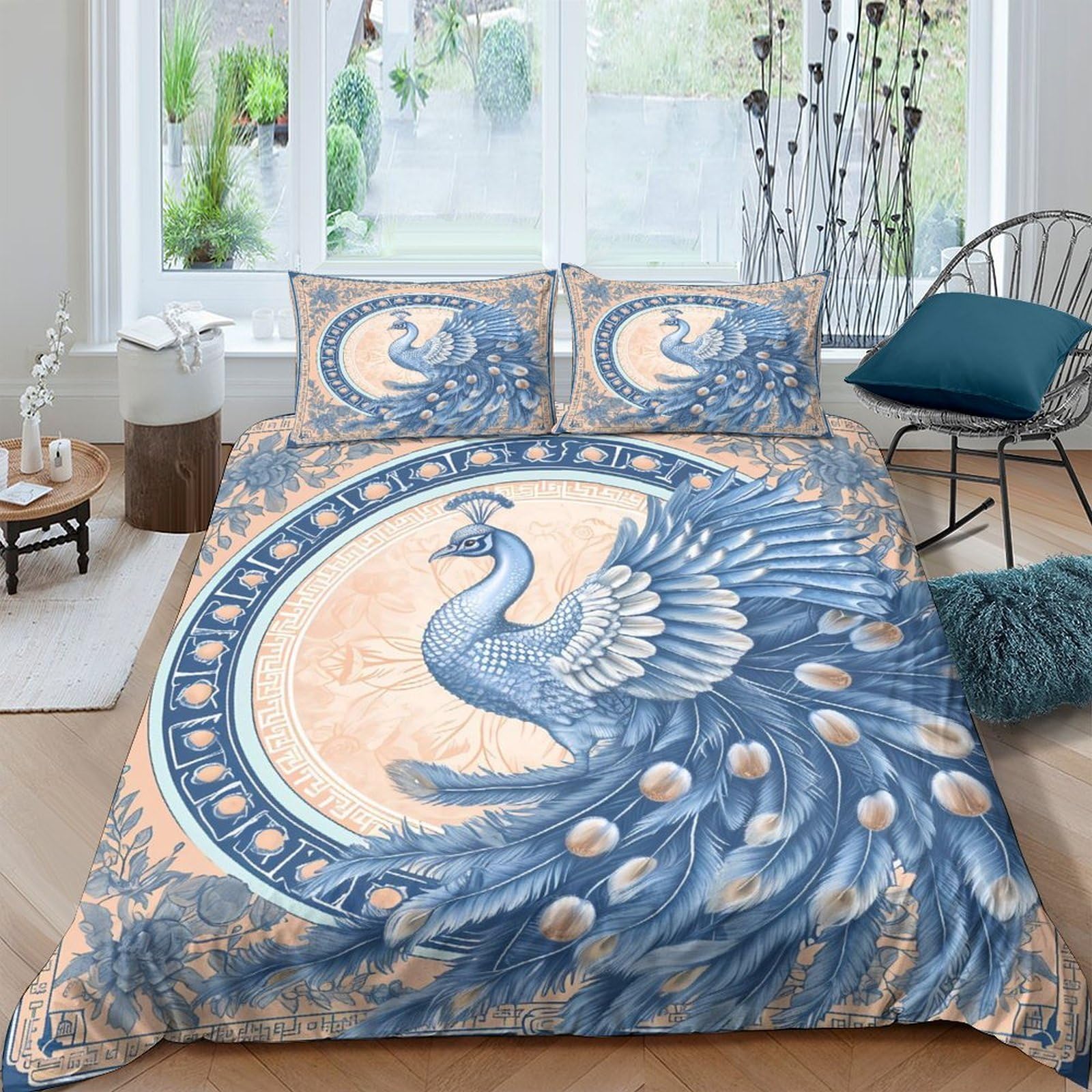 Ctjqhvkz Style-6 3D Printed Blue Peacock Fitted Sheet Microfiber Soft Decorative Golden Circle Bed Cover For Bedroom Guest Room Single（135X200cm）