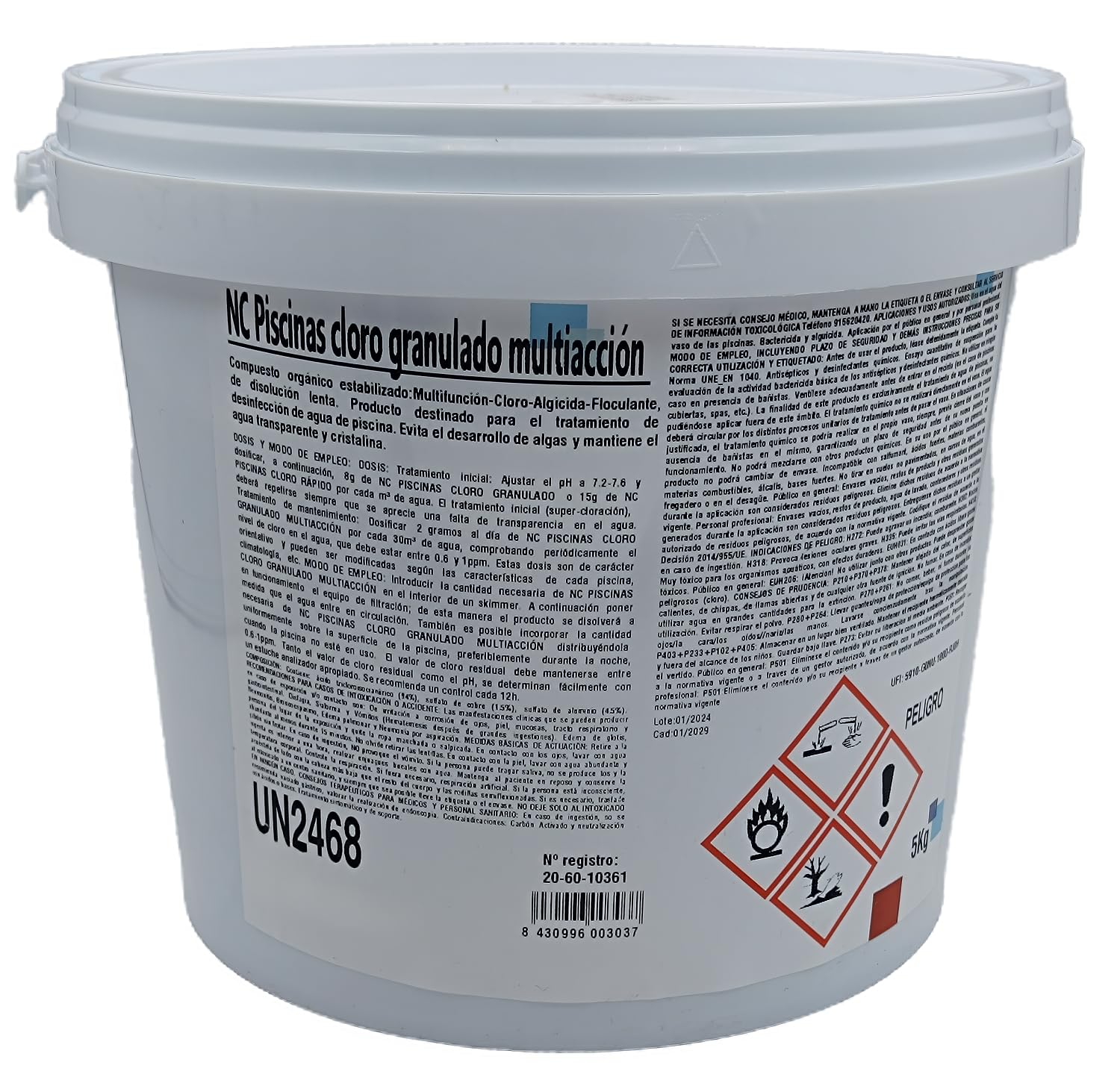 NC Cloro Granulado Multiacción 5 kg para Piscina | Disolución lenta, desinfectante, alguicida, bactericida, floculante y estabilizante, Fabricado en España