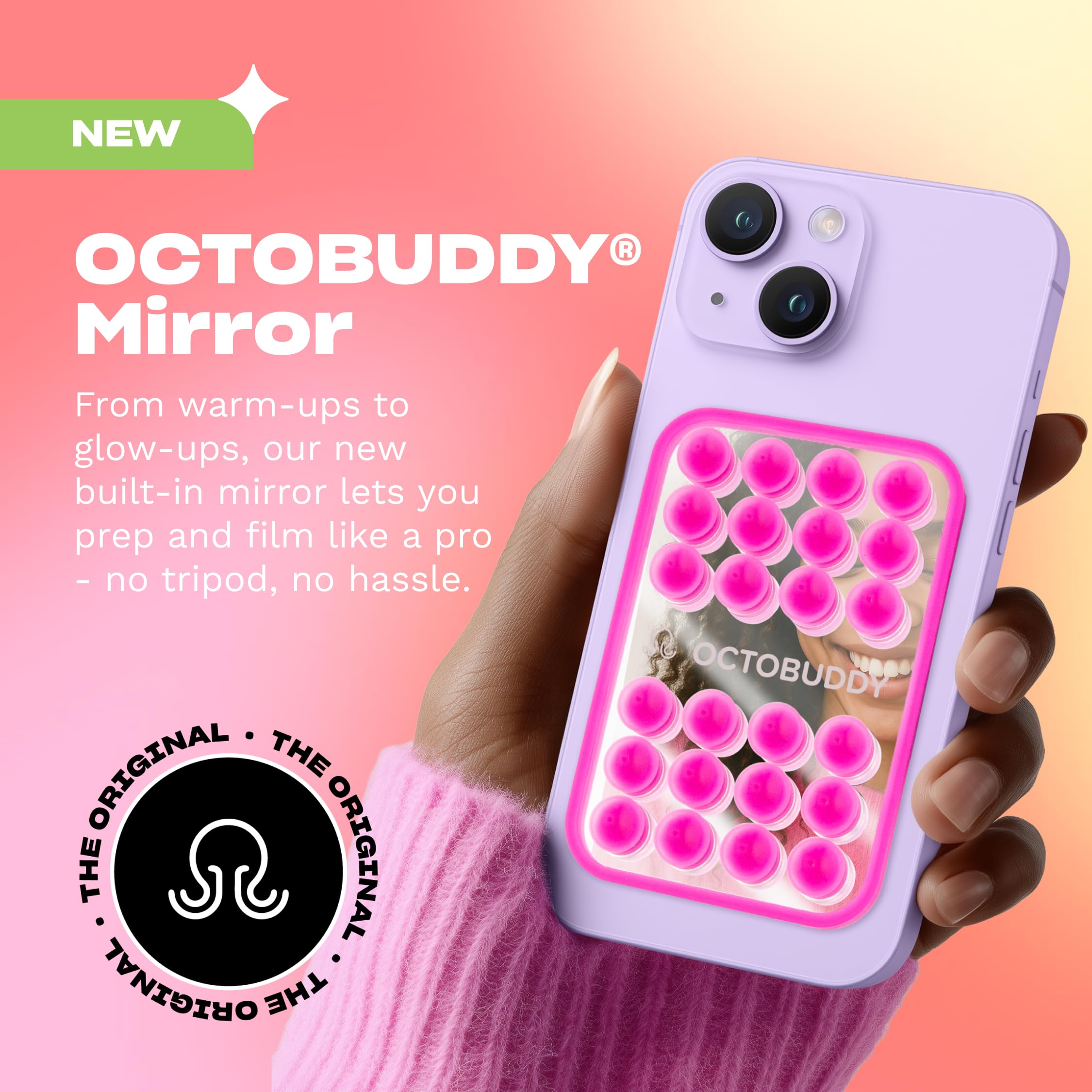 OCTOBUDDY Mirror - Il GOAT Delle Ventose per Telefono - Supporto Cellulare in Silicone con Specchio Integrato - Selfie e Video Senza Mani - Accessorio per Content Creator - 66 x 99 mm, Azzurro Chiaro