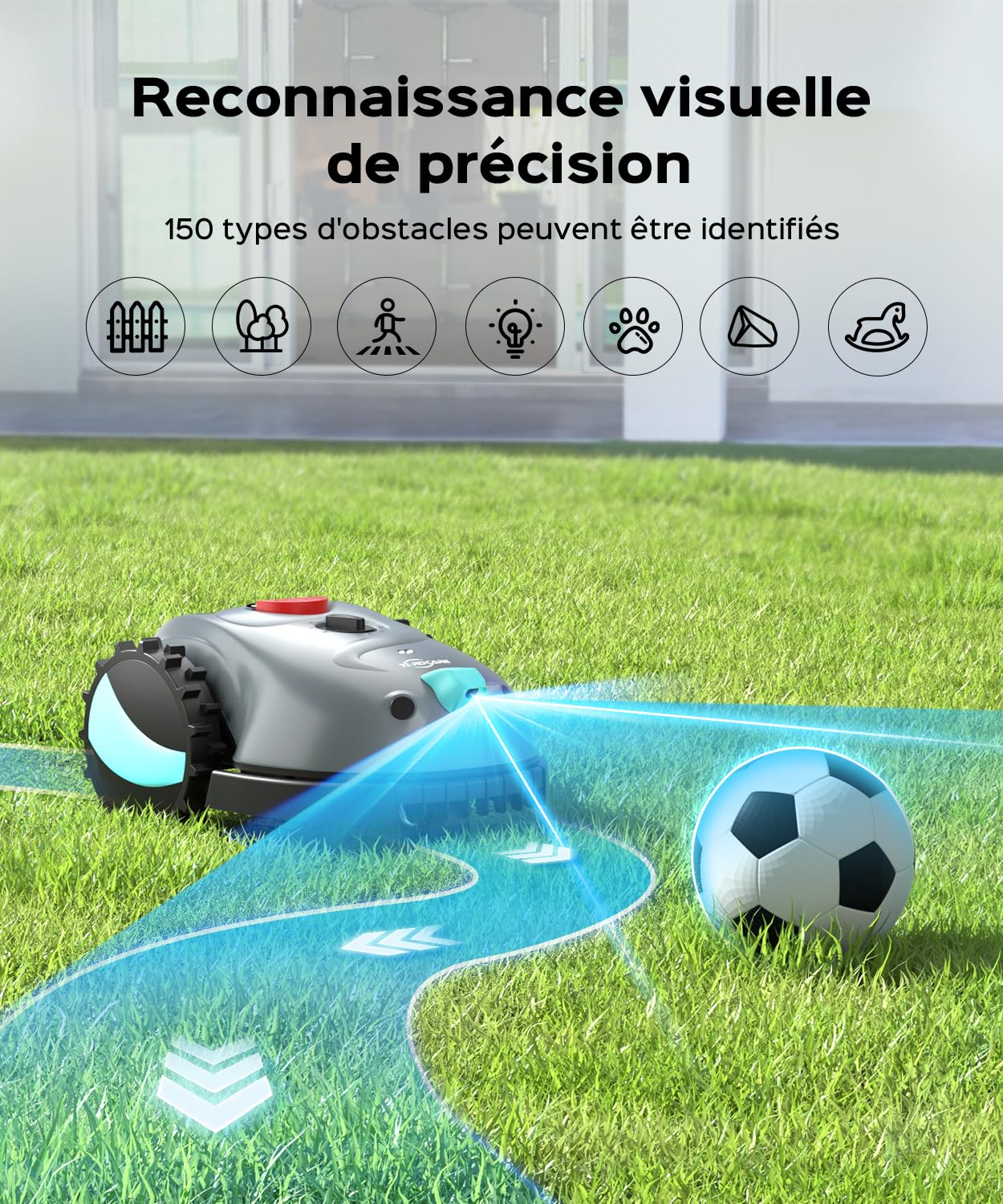 YARDCARE V100 Robot Tondeuse sans Fil Périphérique avec Navigation Visuelle, Coupe en Spirale, Détection d'obstacles 150, Robot Tondeuse Gazon avec Batterie(4Ah), Lames de Rechange