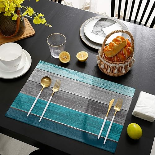 Vista 52 de Vandarllin Juego de 6 manteles individuales retro con textura de madera rústica de poliéster, resistentes a las manchas, manteles individuales Rayas