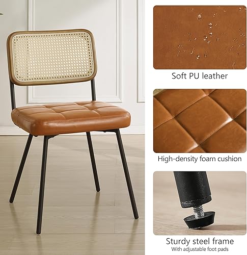 Miniatura 5 de Art Leon Juego de 2 sillas de comedor de ratán modernas de mediados de siglo con respaldo tejido de ratán, sillas de cocina de piel sintética con