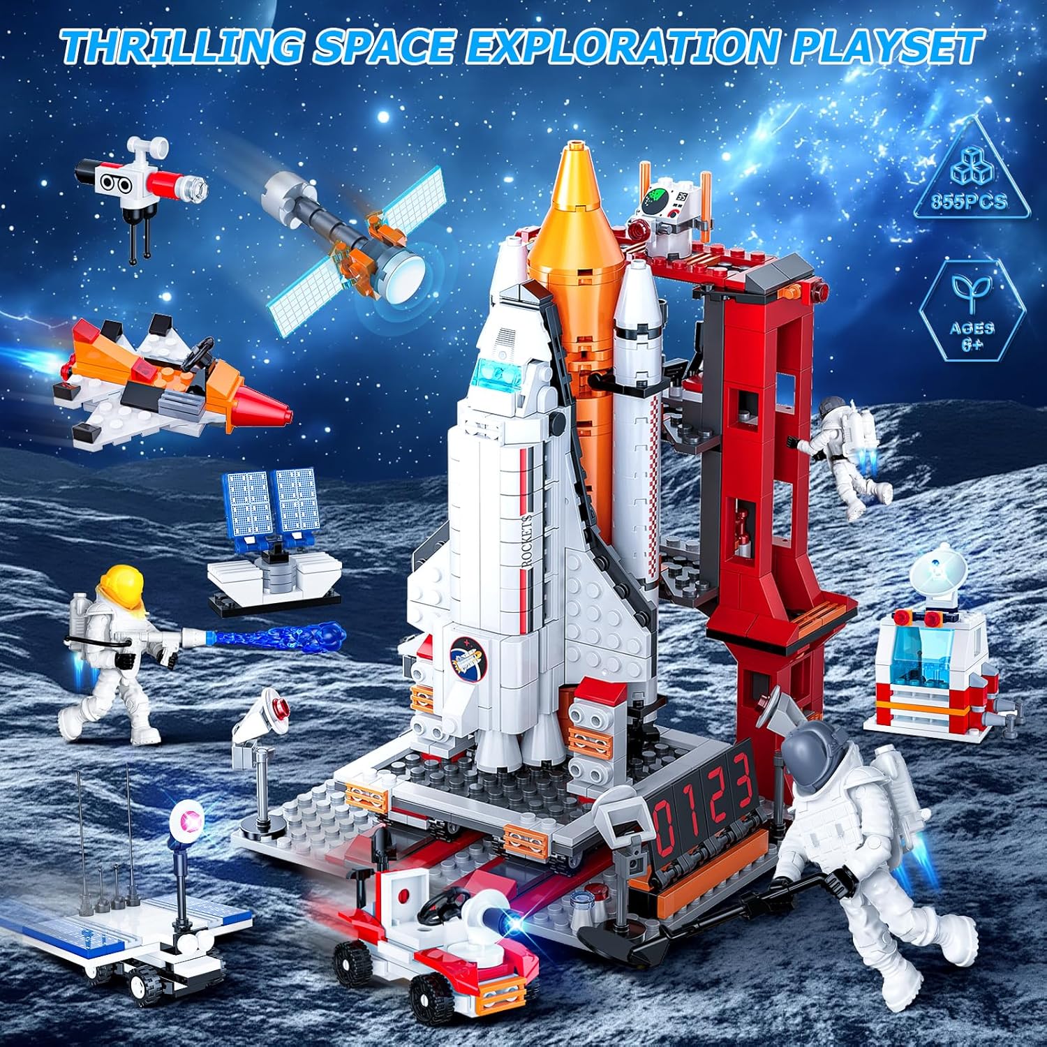 Space Exploration Shuttle Toys for 6 7 8 9 10 11 12 Year Old Kids, Girls, Boys, 12-in-1 STEM Projects Rocket Building Toy Kit with 3 Astronauts, Airplane Rocket Set, Gift idea for Ages 6 +, 885 Pcs