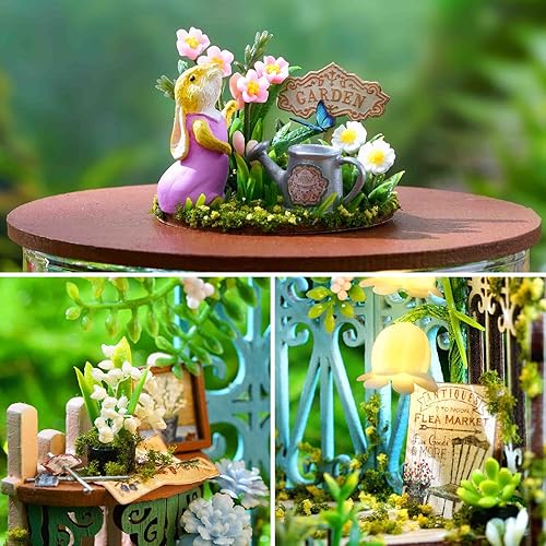 Miniatura 5 de Spilay Kit de muebles de madera en miniatura para casa de muñecas, modelo de casa de muñecas hecha a mano con cubierta antipolvo y LED, escala 124,