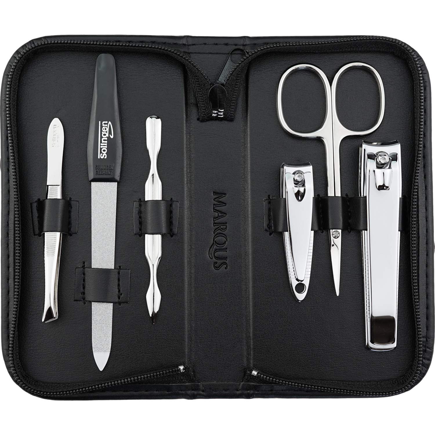 marQus - Estuche manicura hombre y mujer con 6 piezas de acero niquelado en acabado pulido brillante, fabricado en Alemania - Set ideal para viaje