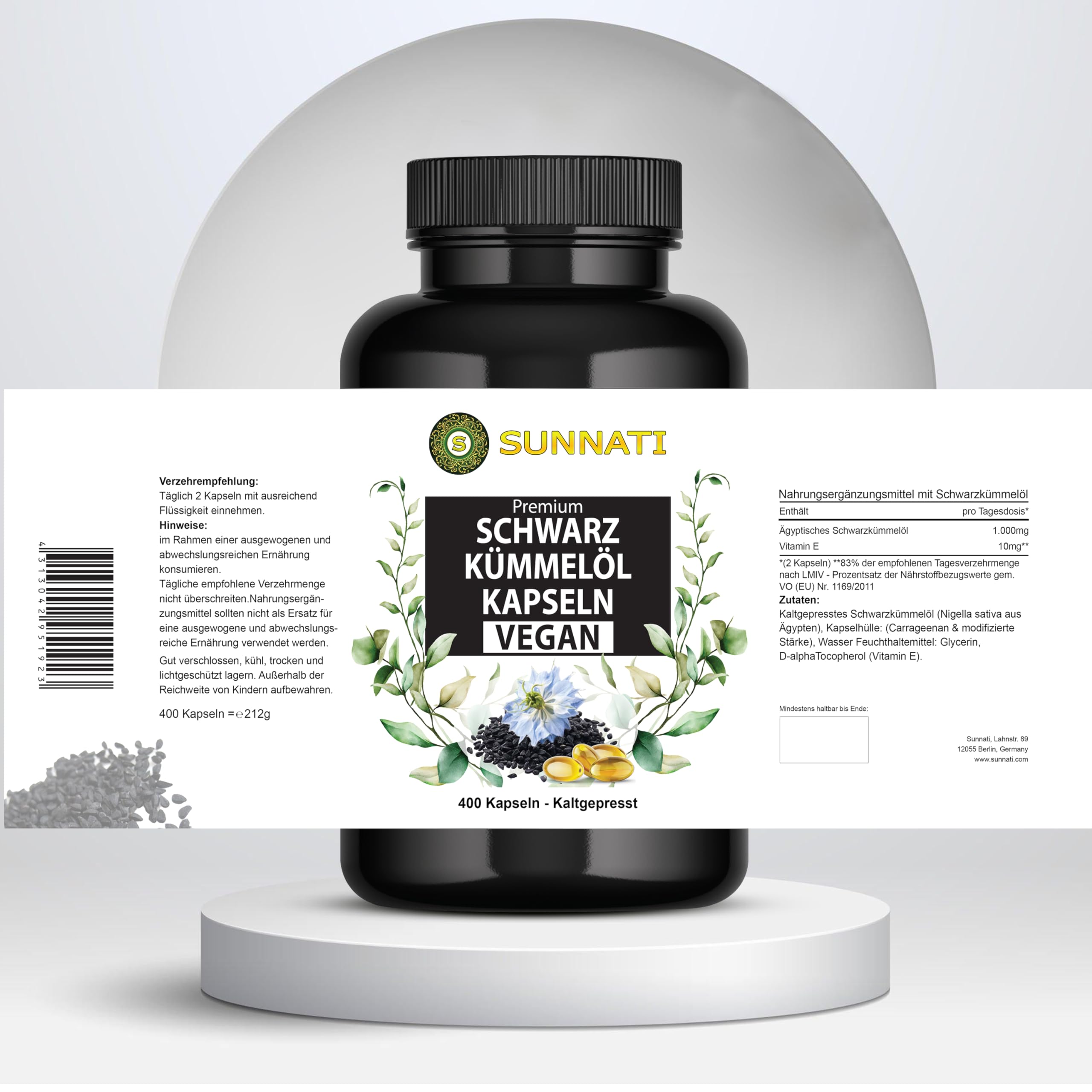 Schwarzkümmelöl - 400 Kapseln VEGAN - 1000 mg Tagesdosis hochdosiert - Kaltgepresst, Ägyptisch, mit Vitamin E, von Sunnati - In Deutschland hergestellt