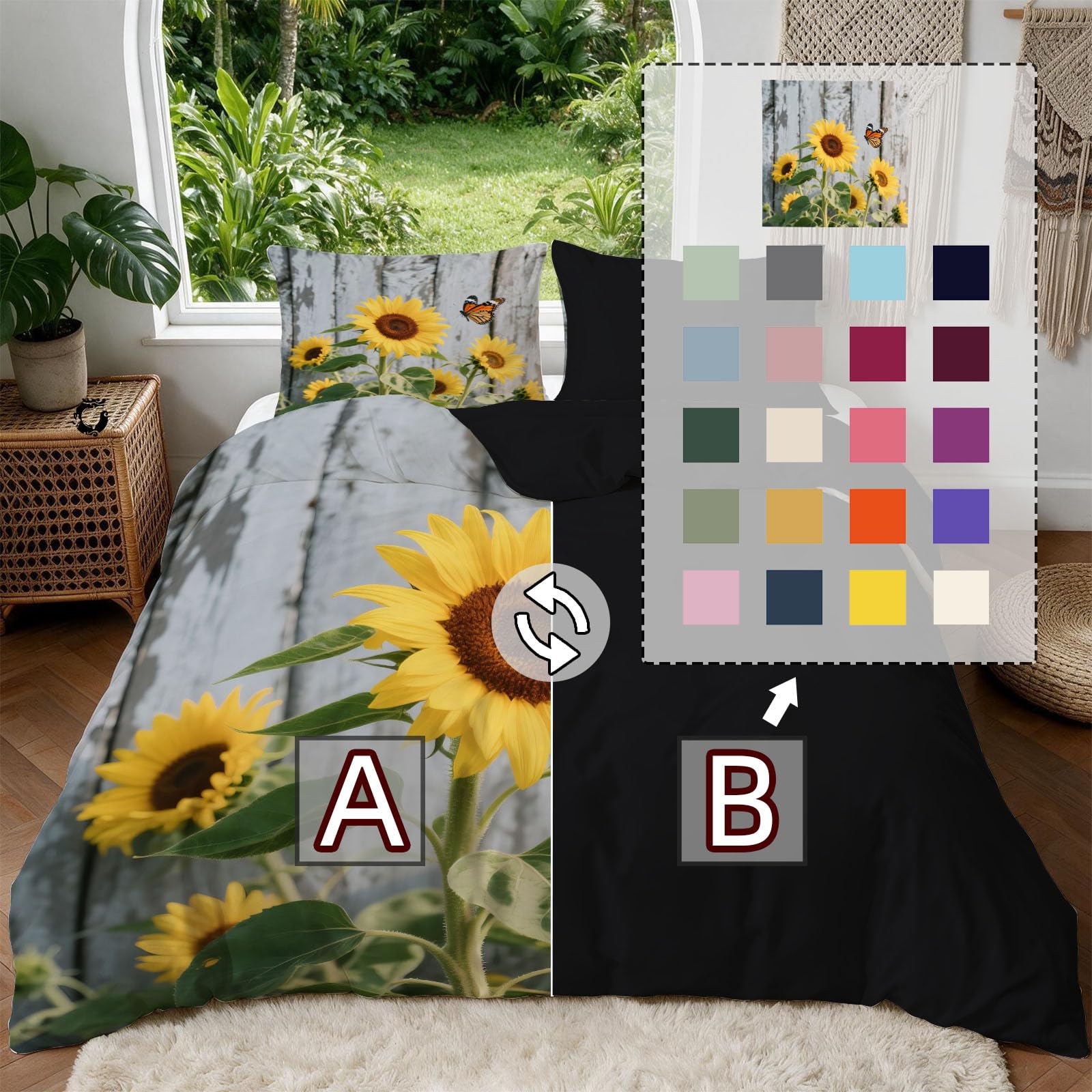 Bettwäsche 155x220 Blumen Sonnenblume, Winter Weiche Mikrofaser 3D Retro Wendebettwäsche Set, Bettzeug mit 2 Kissenbezug, Bettwäsche Set Für Erwachsene