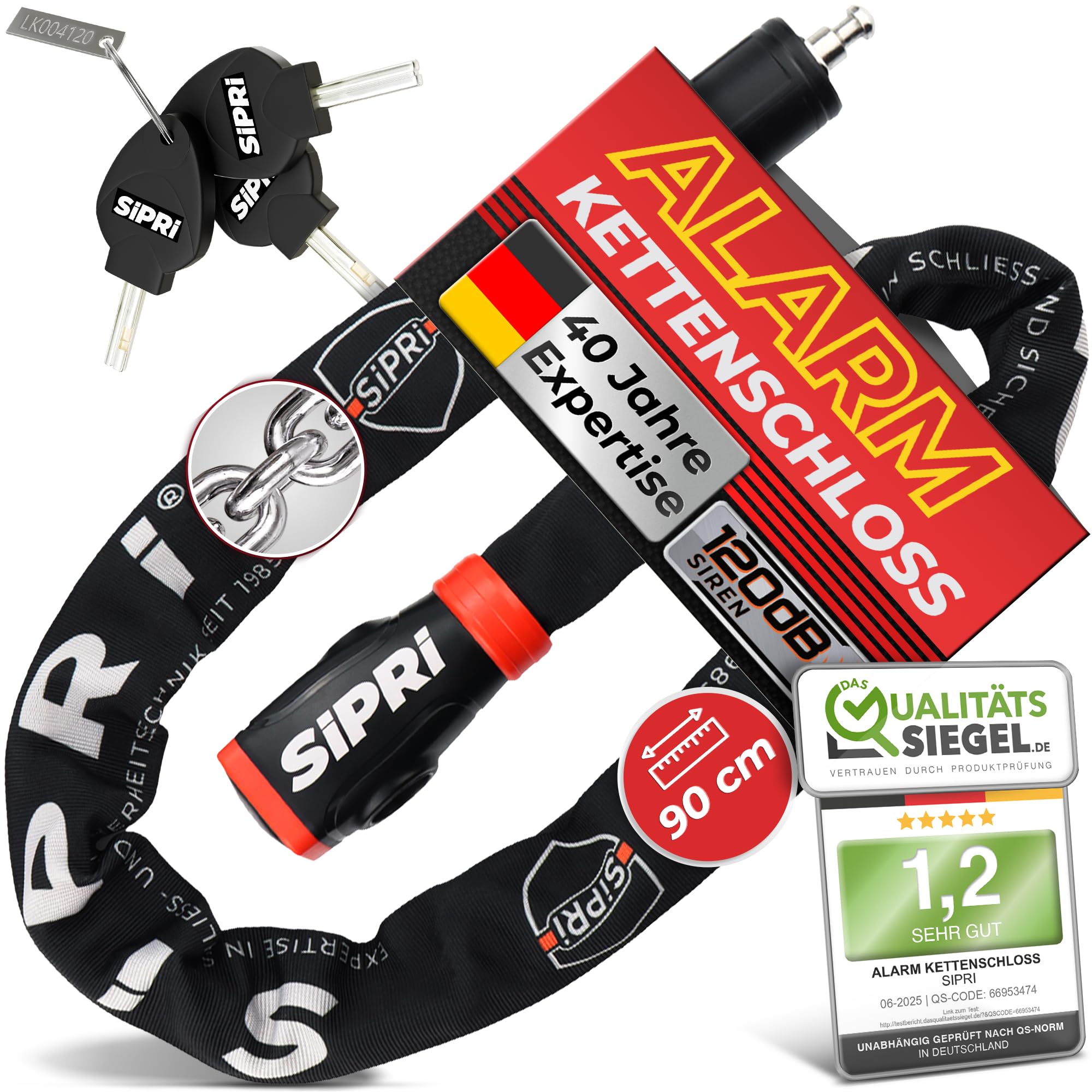 SIPRI® Lucchetto per bicicletta con allarme da 120 dB, lucchetto a catena per bicicletta ad alta sicurezza per e-bike, scooter e moto, in acciaio da 8 mm, resistente alle intemperie, robusto e