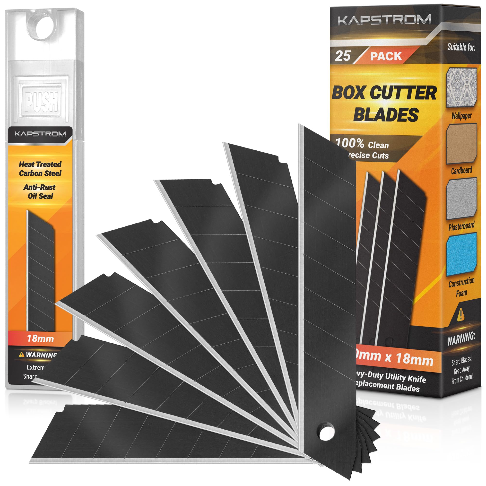 Cuchillas para cortador de cajas KapStrom (negras, 25 unidades), cuchillas afiladas de repuesto para cuchillos multiusos, cuchillas a presión de acero al carbono de alta resistencia de 18 mm