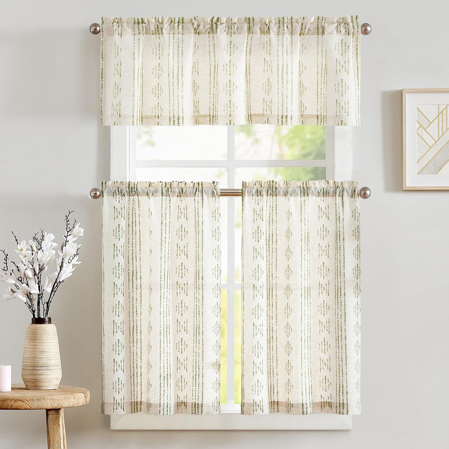 JINCHAN Boho Stripe Kitchen Curtains and Valance Set Linen Tier Curtains Bohemian Small Window Drape 36 Inch for Cafe Living Room Bathroom Window Treatments Rod Pocket 3 Pieces Set Sage Green on Beige 26"W x 36"L (Pack of 3) Boho Green on Beige