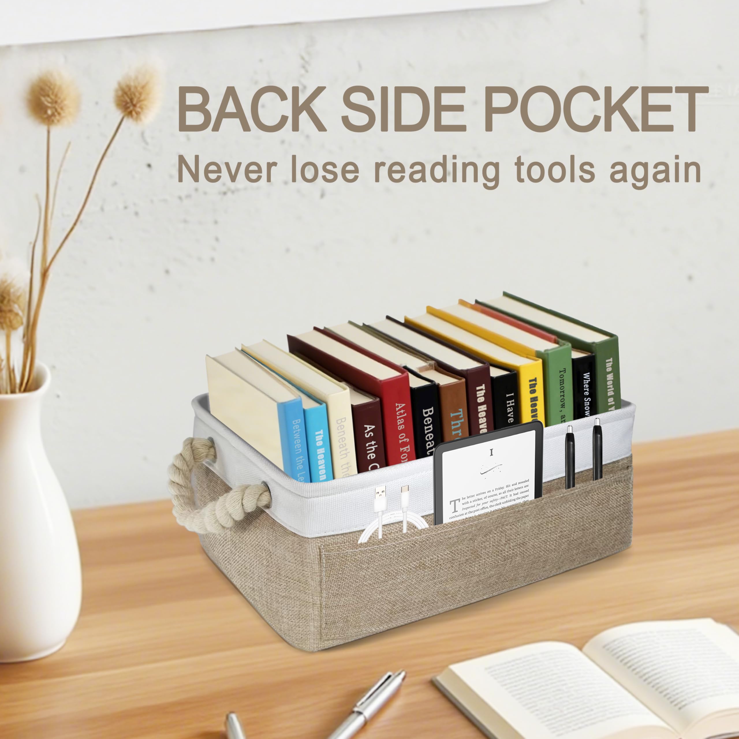 TBR - Cesto portaoggetti per libri con tasca laterale per essere letti, accessori per la lettura, per membri di club e bibliotecari, regalo per libri (bianco e marrone)