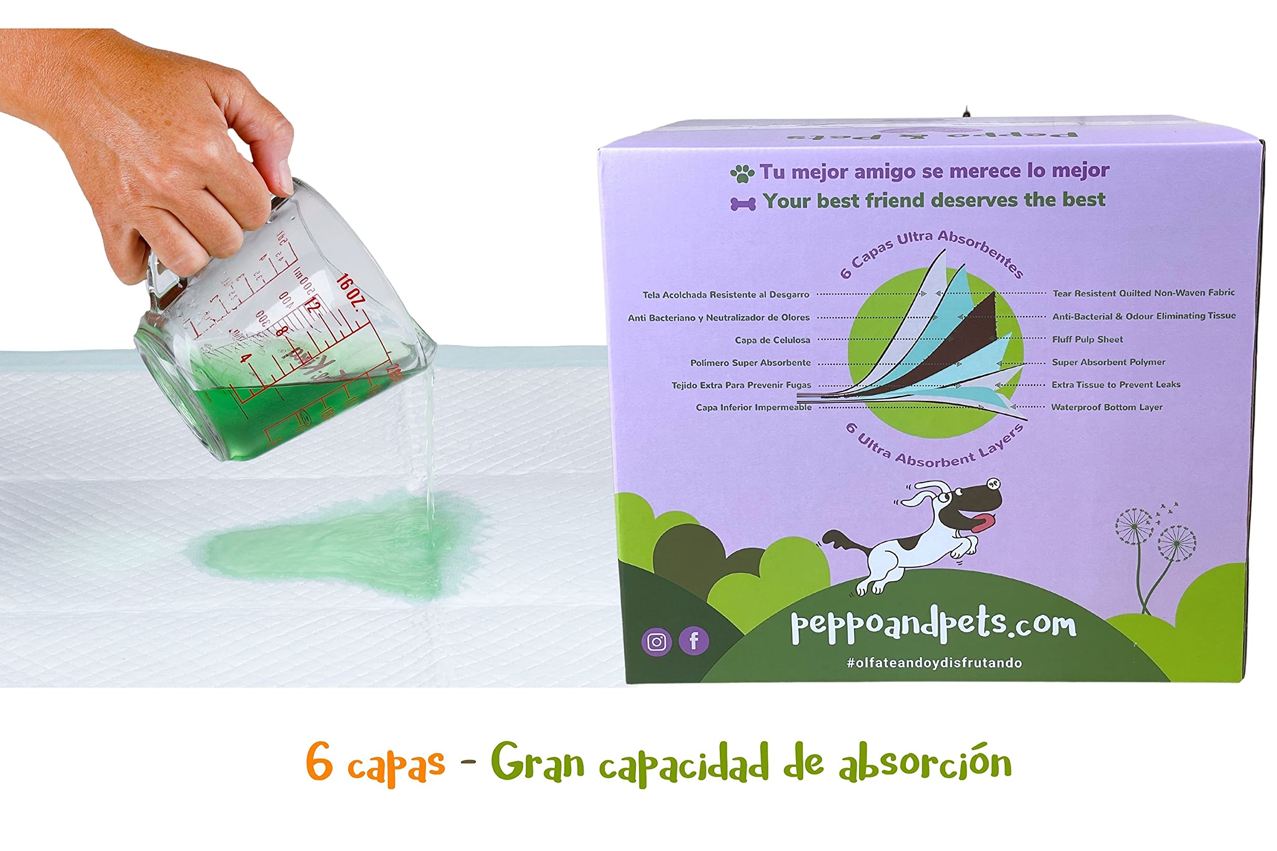 Peppo and Pets empapadores Perros 100 Unidades 6 Capas Súper absorbentes 60 cm x 60 cm Secado rápido