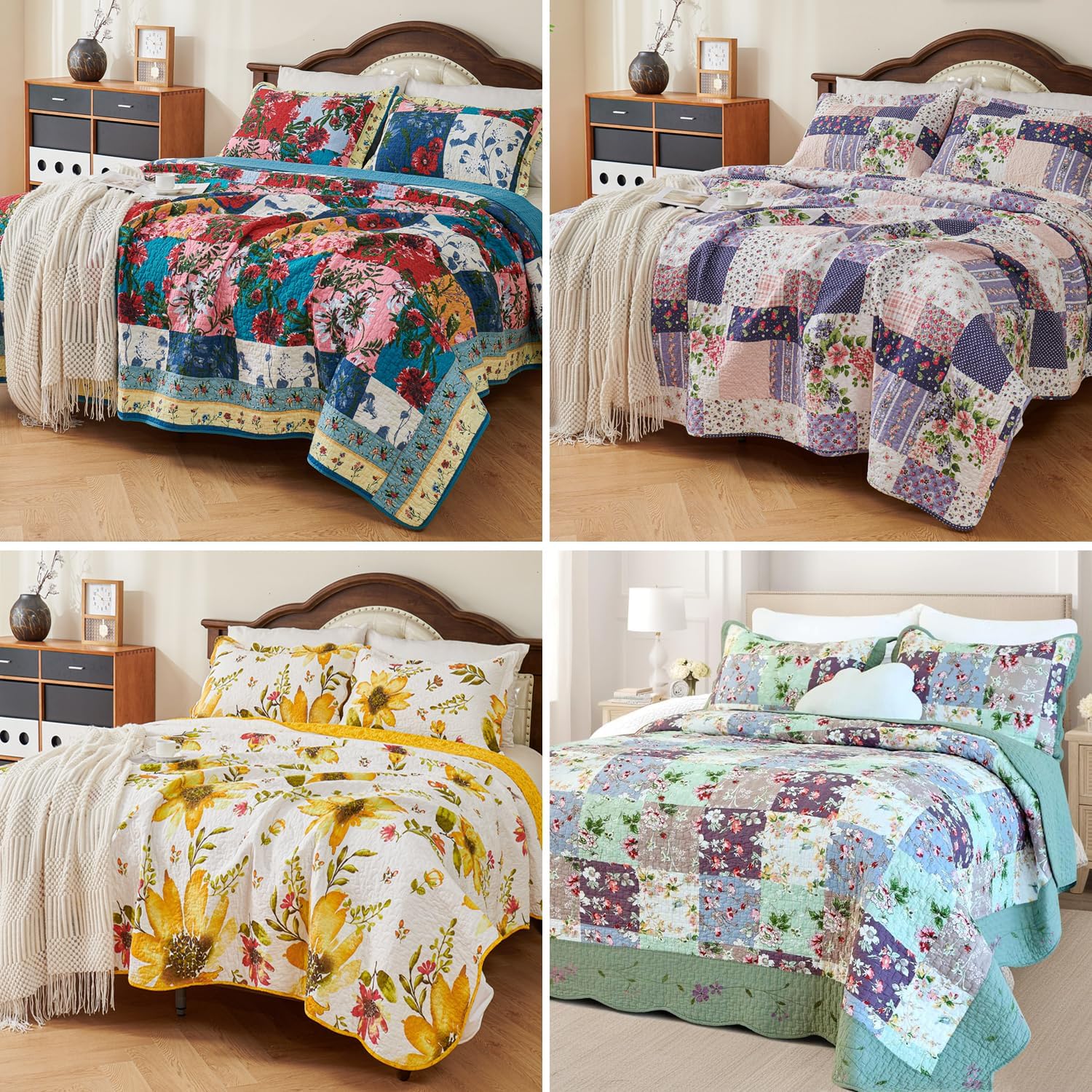 EVENHUG 100% Cotton Patchwork Quilt King Size Set Lightweight Floral King Quilts Bedding Set Bedspread Coverlet Reversible Bed Cover with Pillow Shams for All Seasons 3 Pieces (106"X96") - Image 8