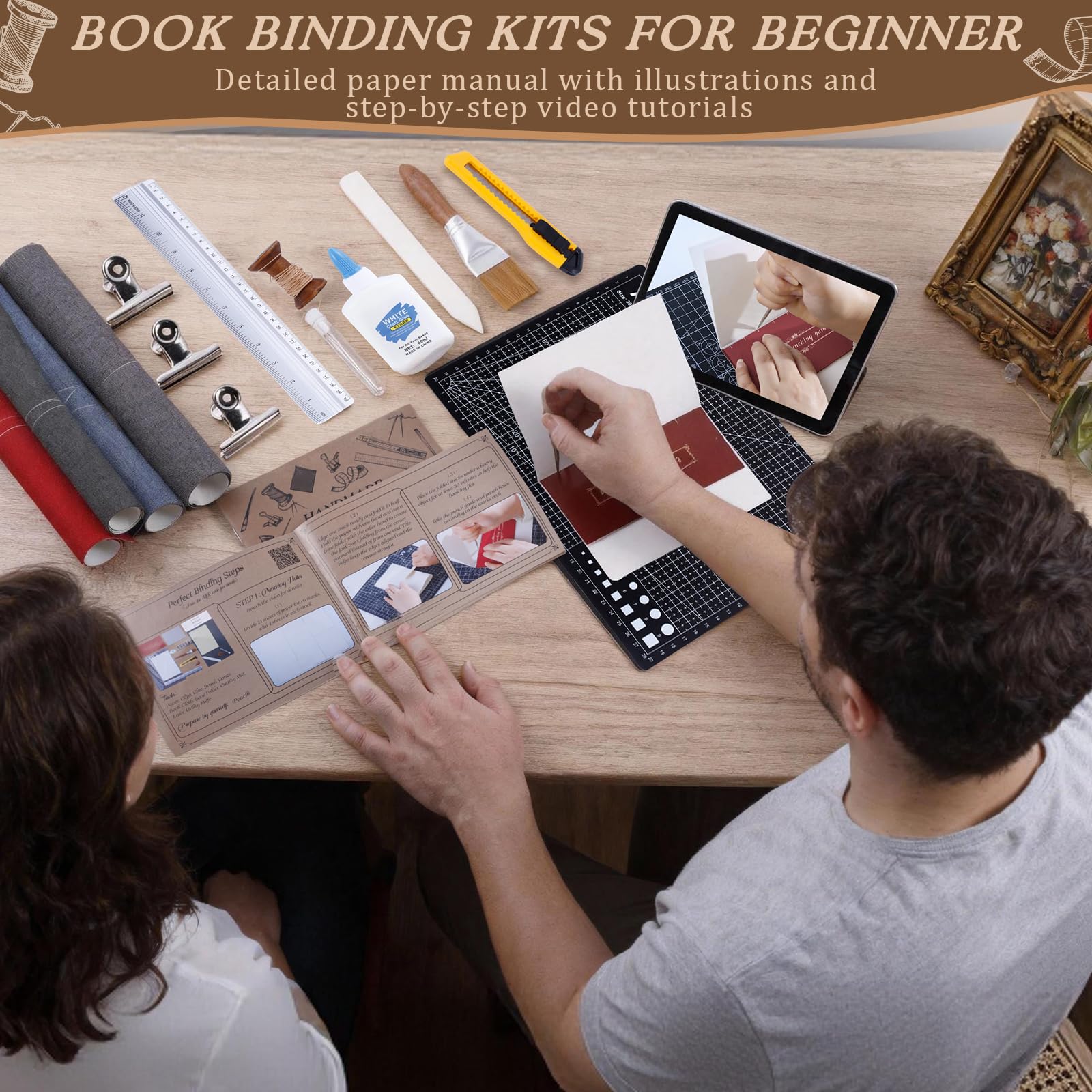 Kit per rilegare libri per principianti, 145 pezzi, per realizzare libri, materiali per rilegatura, con punteruolo in carta A5, strumenti completi di rilegatura con istruzioni e video tutorial per
