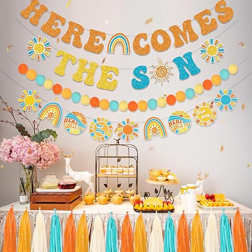 Miniatura 4 de LARRAZABAL Cartel para baby shower con texto en inglés Here Comes The Son, Here Comes the Son, decoración de baby shower para niño, estilo bohemio,