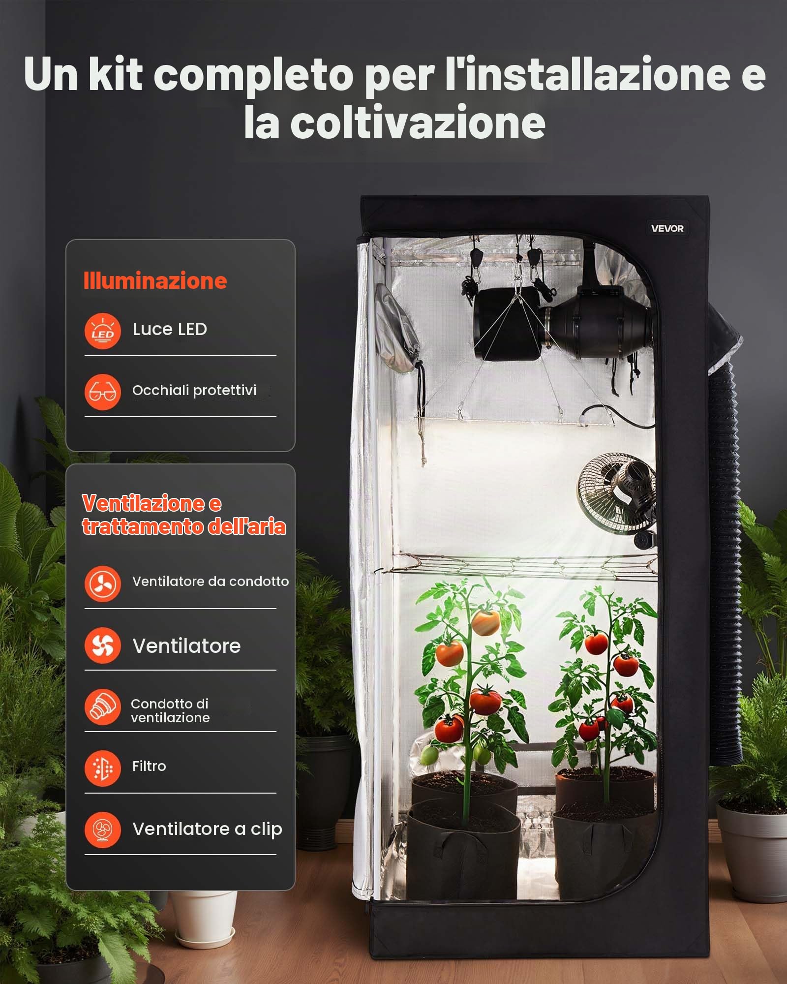 VEVOR Kit Completo per Tenda Idroponica Coltivazione da Interno 80x80x180 cm, Tenda da Coltivazione con Illuminazione LED a Spettro Completo, Sistema di Ventilazione, Mylar Riflettente