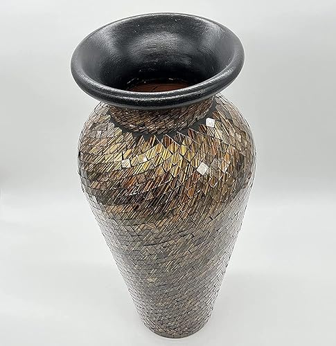 Miniatura 3 de Jarrón de mosaico de 18 pulgadas, cilindro alto hecho de terracota con piezas de mosaico de vidrio marrón, negro y verde oliva, pieza decorativa