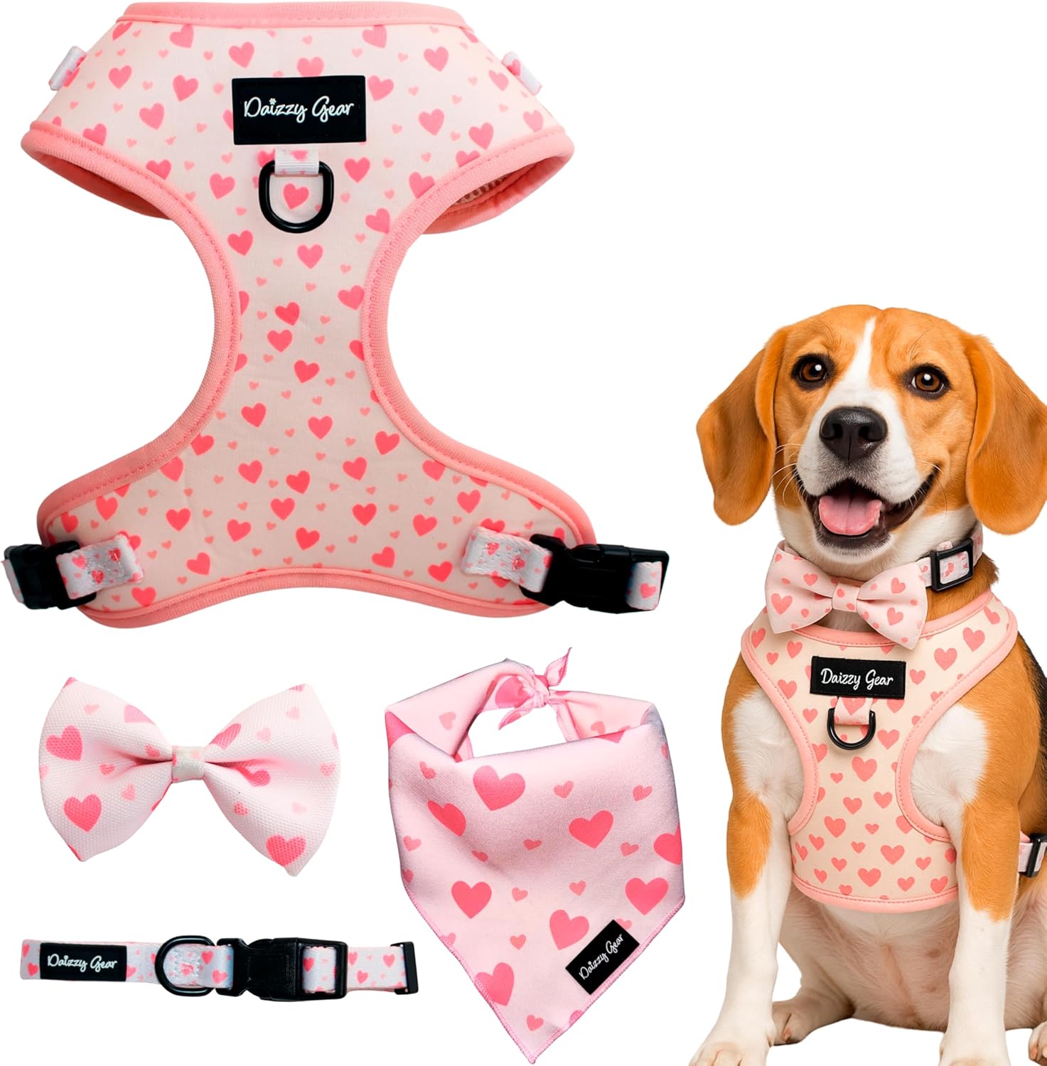 Medium Dog Harness Set, Puppy Harness with Dog Collar - 4-Piece Kit - No-Pull, All Weather, Breathable Harness, Adjustable Collar, Bow Tie & Bandana | Cute & Comfortable - Blushing Love Pink Hearts