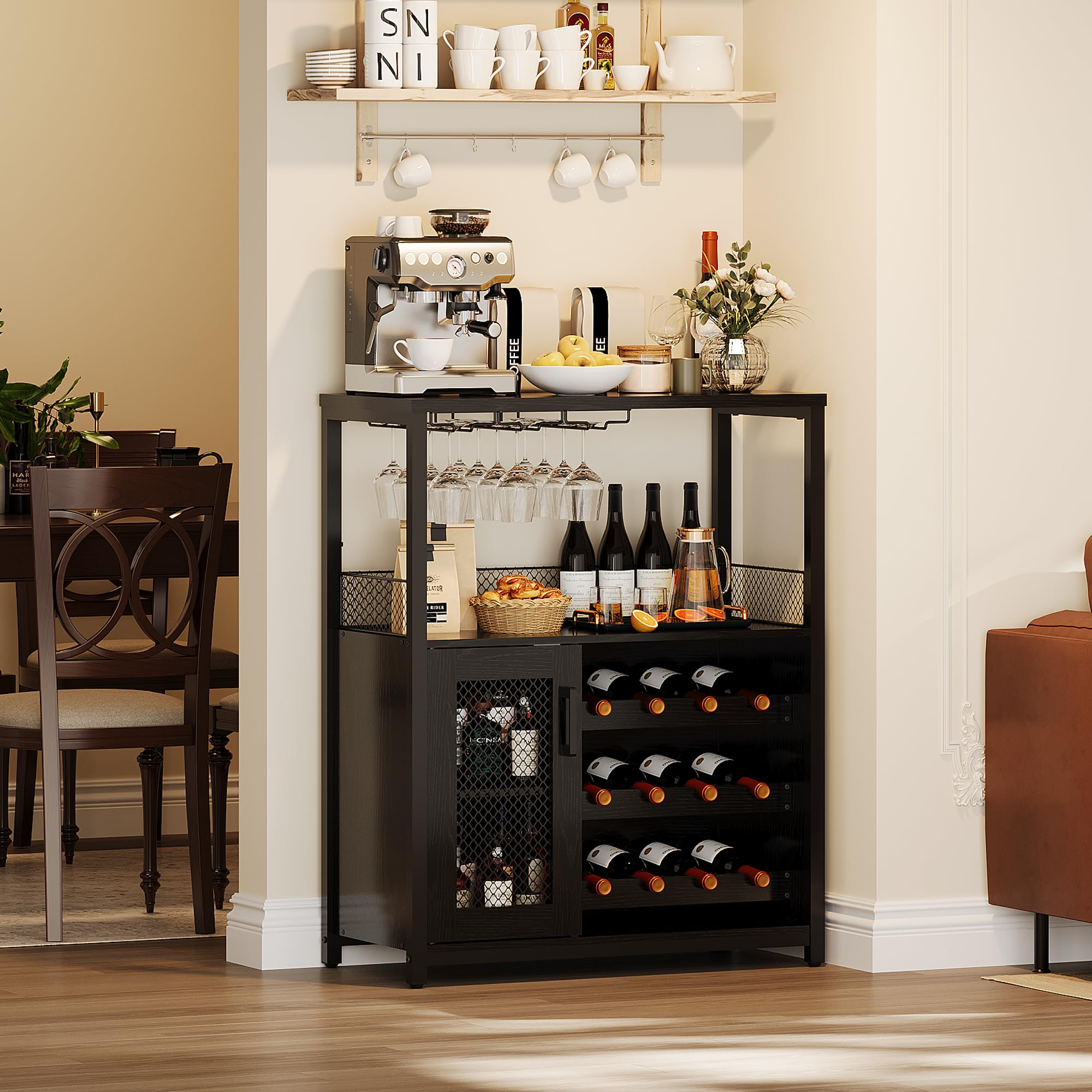 Weinregal, mit verstellbarem Weinregal und Glashalter, Industrial Design mit LED Licht, Getränkeaufbewahrung als Weinbarschrank für Küche, Esszimmer, Wohnzimmer, 70x35x92 cm, Holzmaserung Schwarz