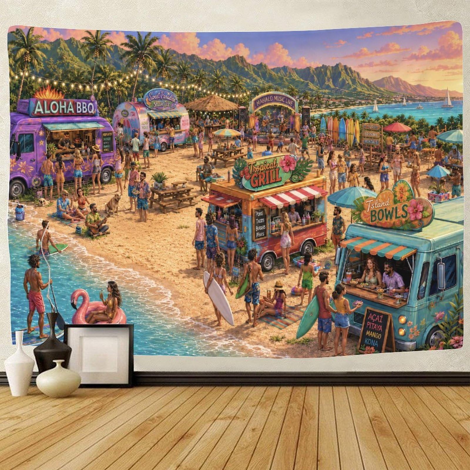 GPMNBCXZK Hawaii Beach Food Truck Wall Art Decor Tapestry for Bedroom 3D Print Tapestries Poster Curtain Living Room Dorm 130cmx150cm