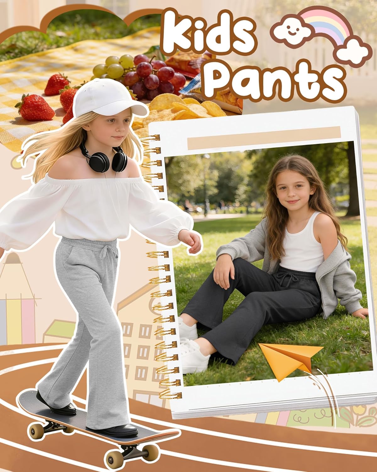 4 Pack Girls' Flare Wide Leg Sweatpants Drawstring High Waist Bell Bottom Athletic Pants Kids Sweats with Pockets