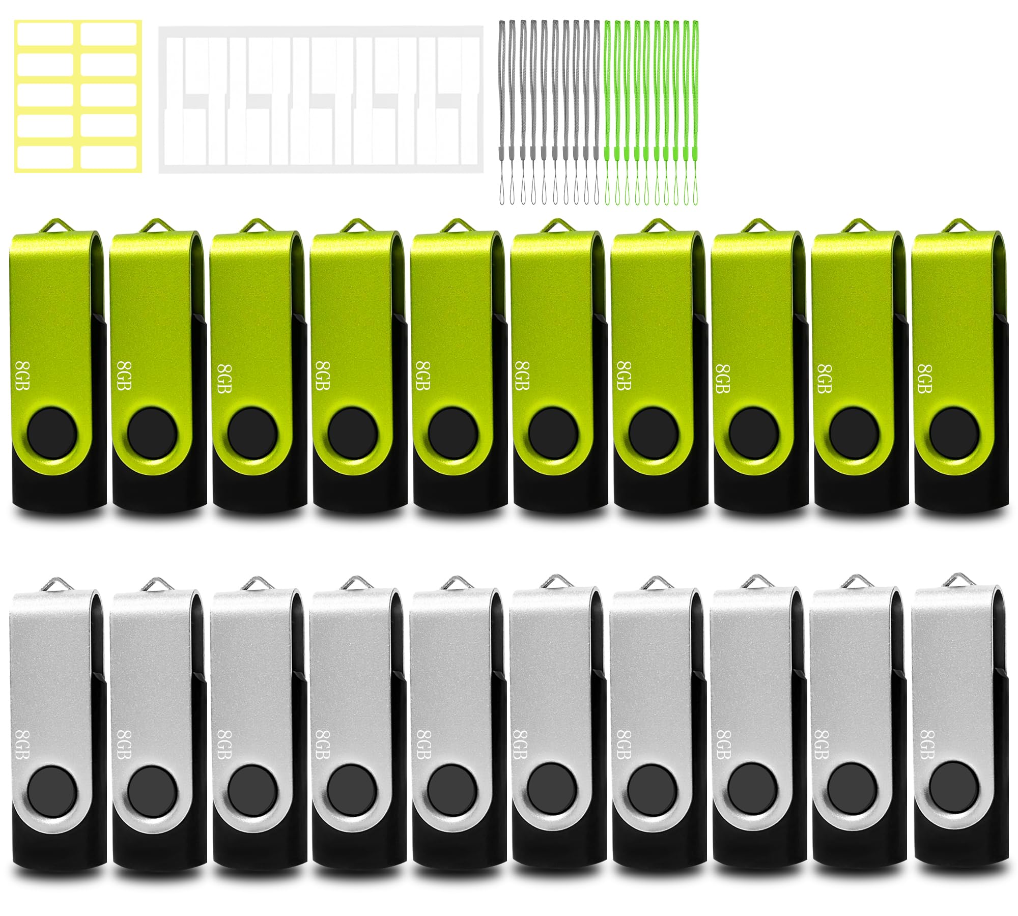 8GB USB Flash Drive 20 Pack Nicepicten Zip Drive USB 2.0 Thumb Drives FAT32 Memory Stick Jump Drives Multipack with 20PCS Lanyards Label (8GB 20Pack, Green Sliver)