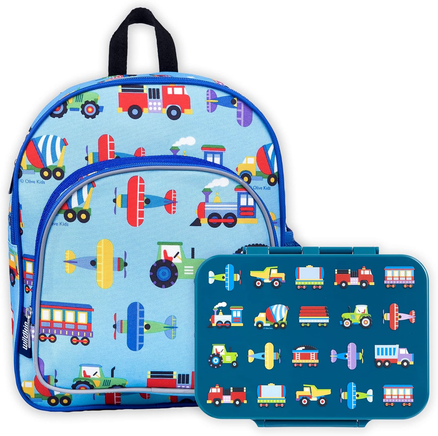 Wildkin Kids 12 Inch Backpack Bundle with Leak-Resistant Bento Box, Lightweight School and Travel Bag for Kids - Trains, Planes, and Trucks
