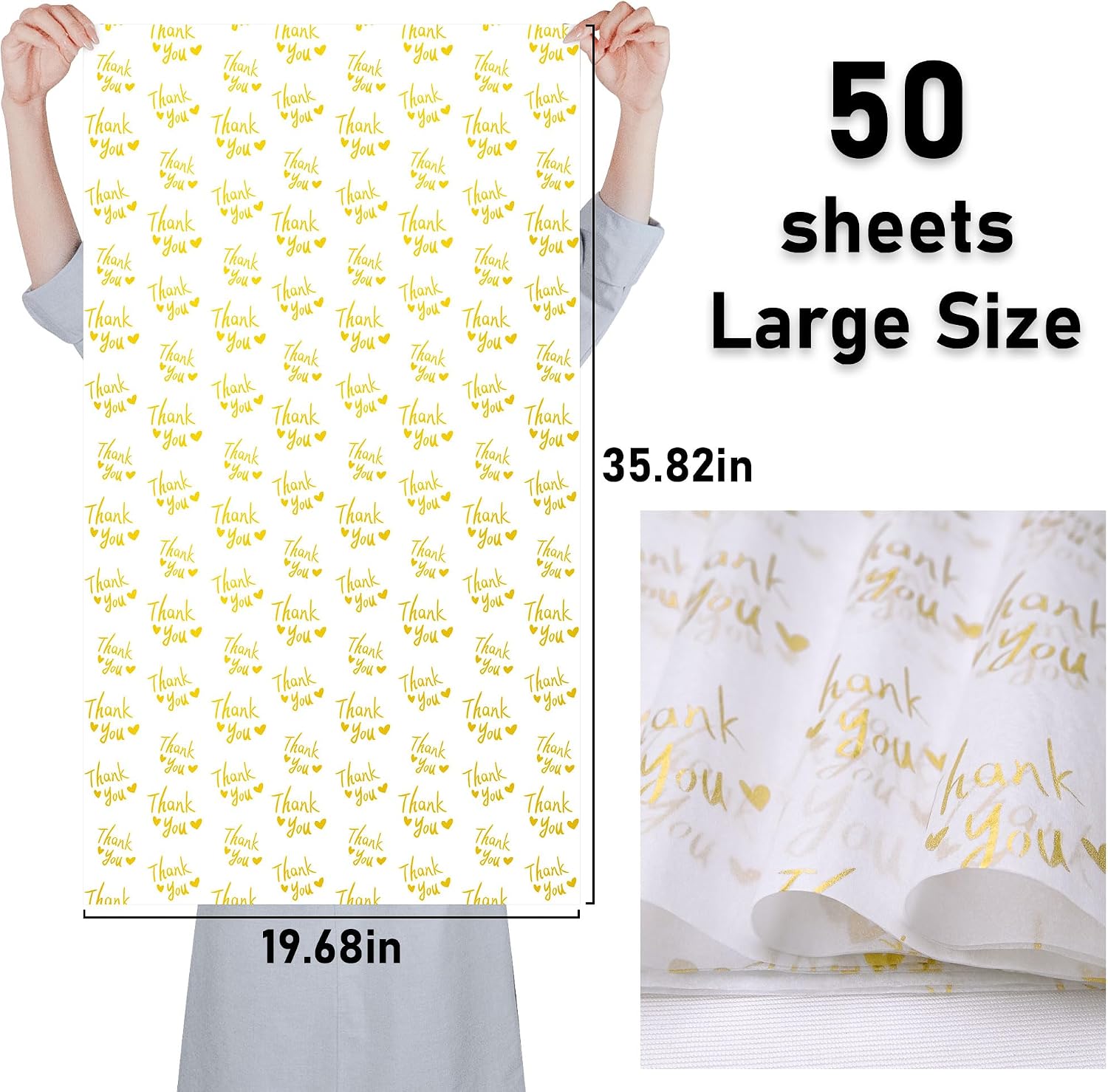 MR FIVE Extra Large 20" x 36" White with Metallic Gold Thank You Tissue Paper Bulk - Large Gold Tissue for Packaging, Gift Bags, Business, 50 Sheets
