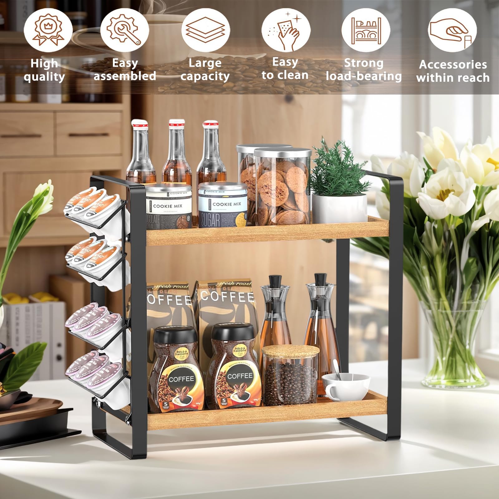LEMIKKLE Organizador de estación de café para encimera, organizador de almacenamiento de condimentos para cocina, estante de madera de 2 niveles para accesorios de cafetería, organizador de barra de