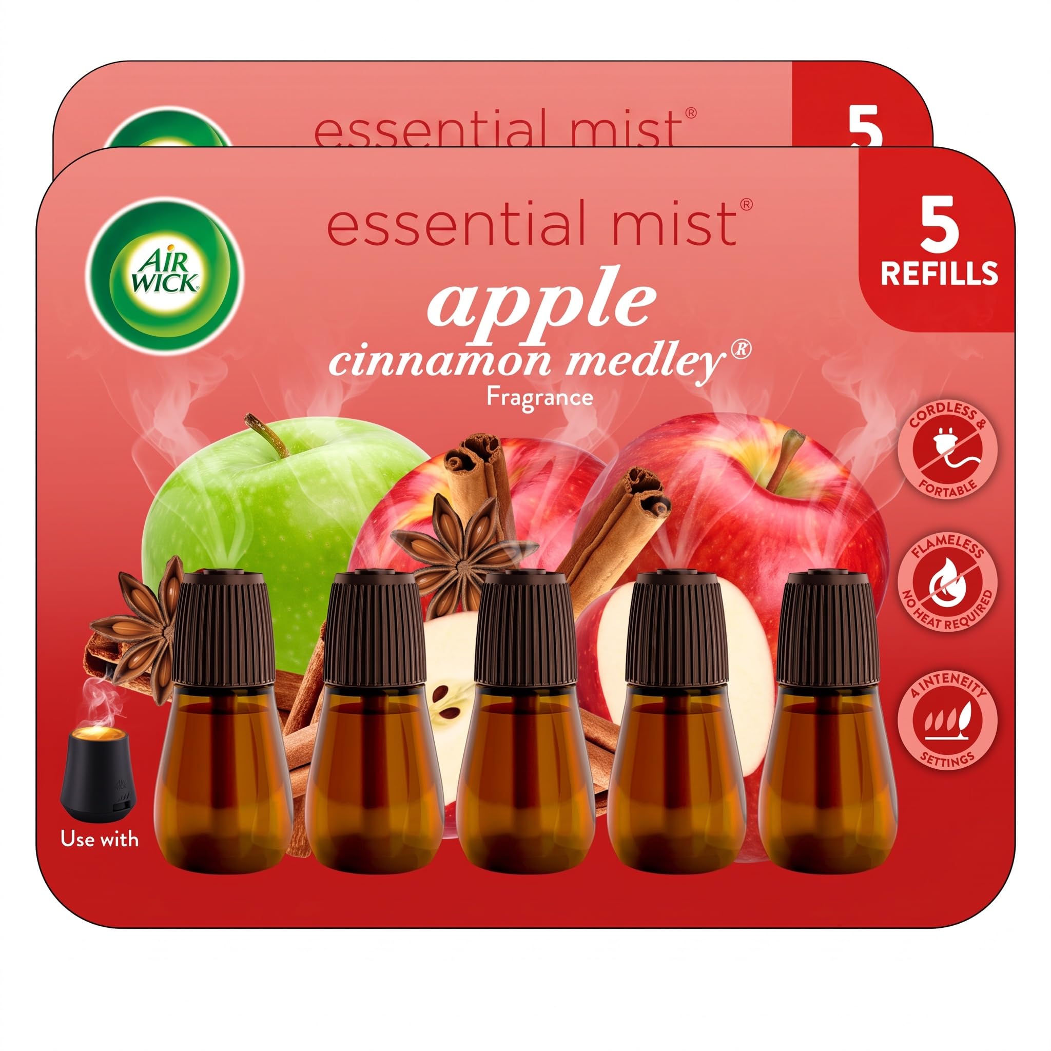 Air Wick Essential Mist Refill, 5 ct, Apple Cinnamon, Essential Oils Diffuser, Air Freshener (Pack of 2)