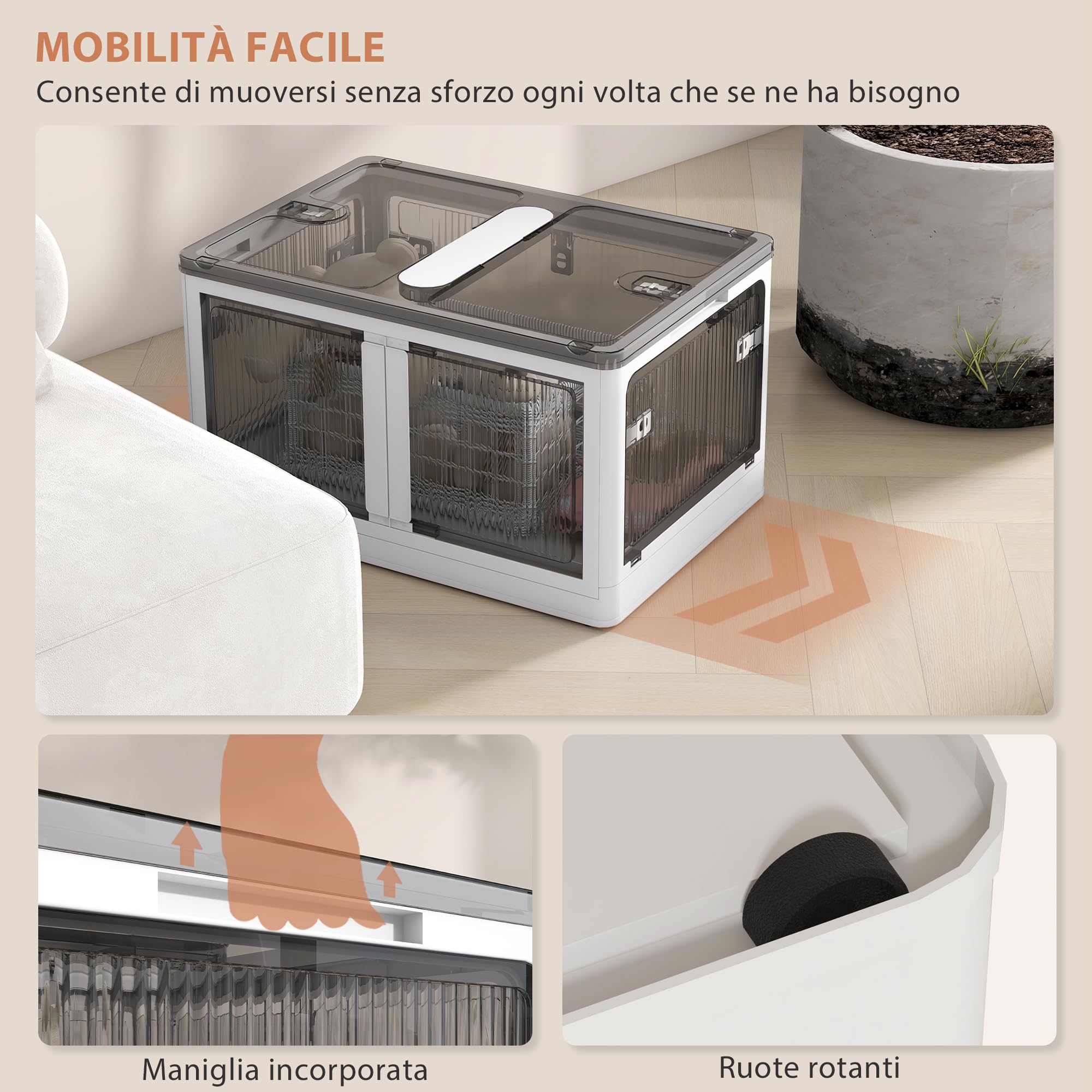 HOMCOM Contenitore in Plastica Impilabile Pieghevole con Ruote 69L Bianco