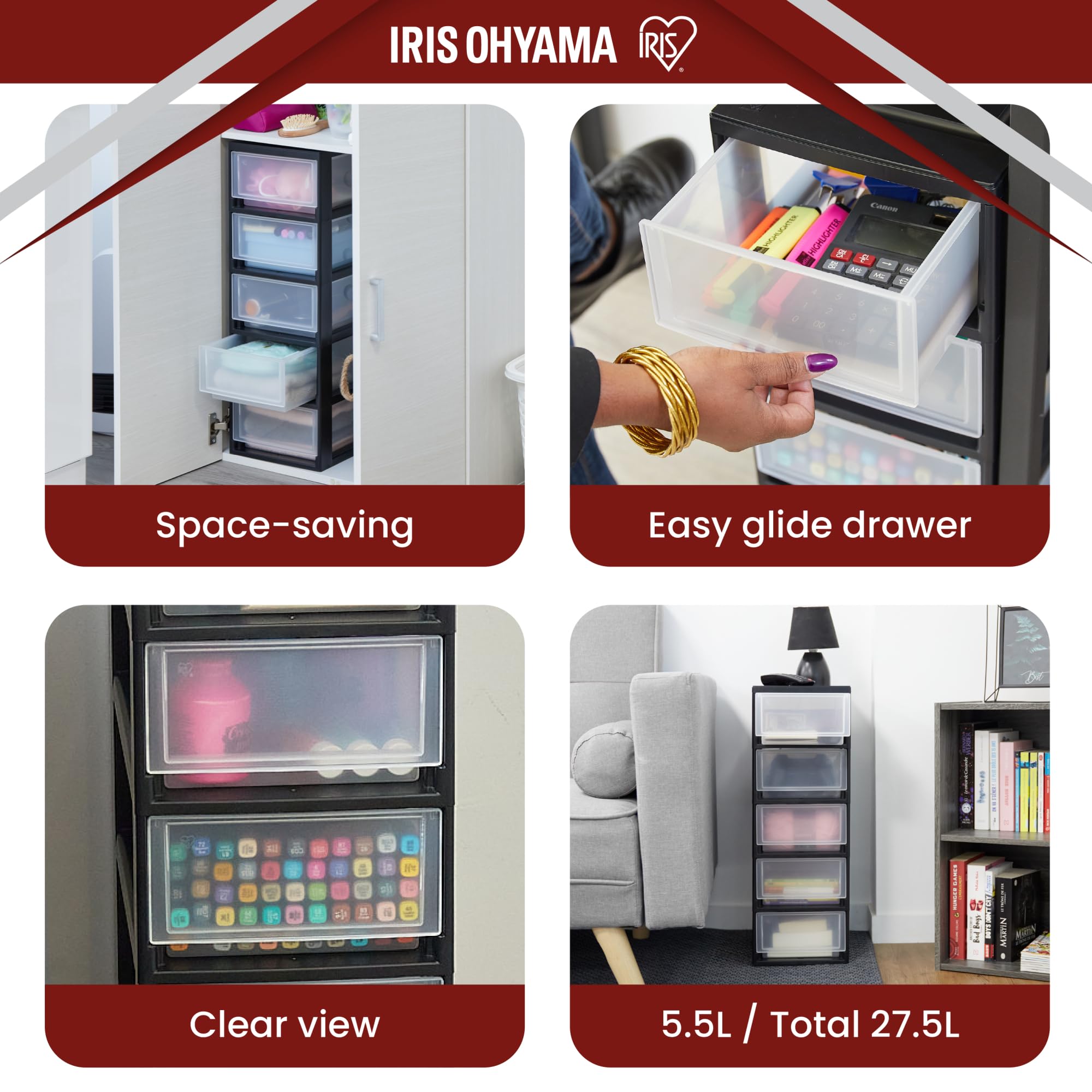 Iris Ohyama, Tour de rangement plastique noir, 5 petit tiroirs de rangement bureau, fournitures, accessoires, pour Salle de Bain, MSD-1