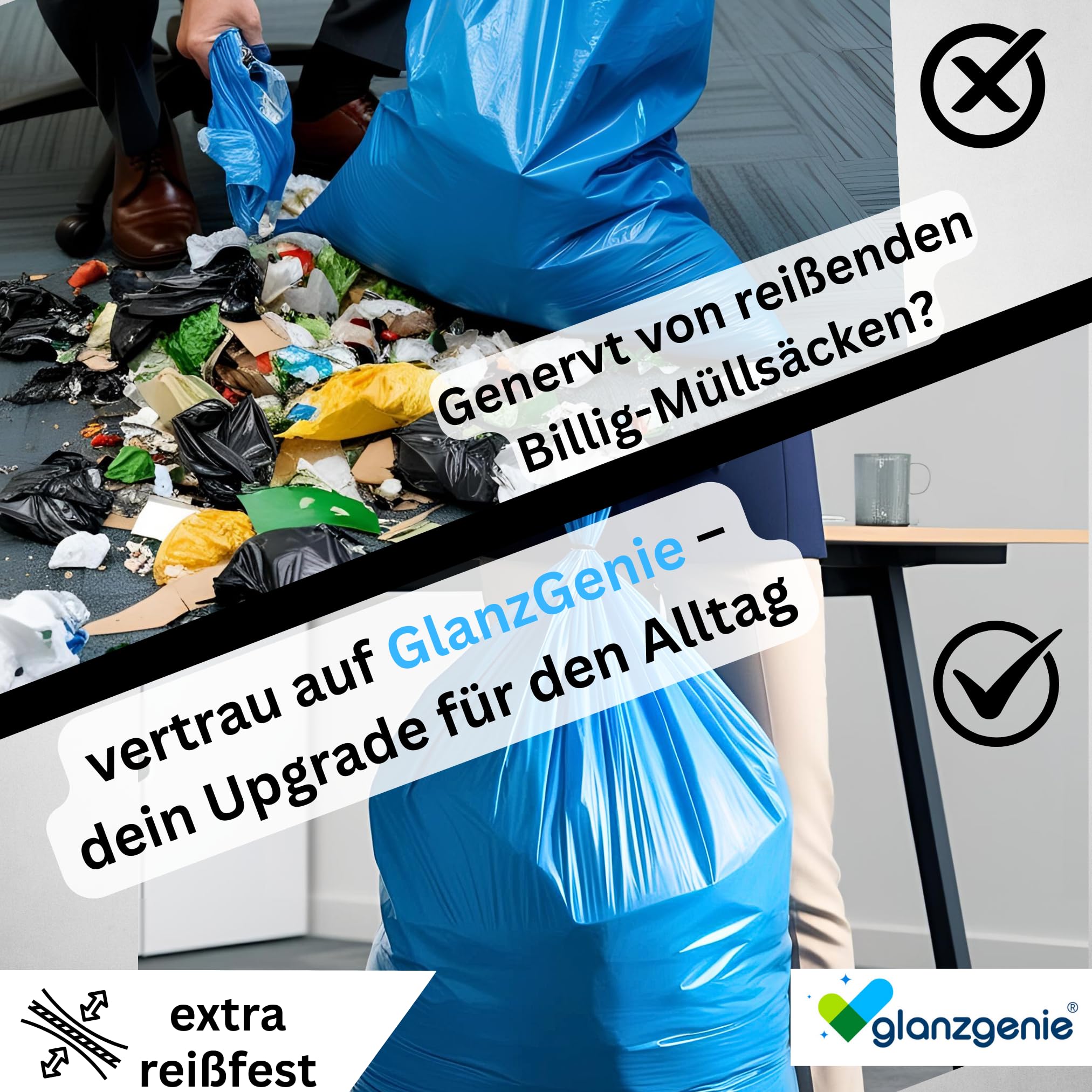 150 Stück reißfeste Müllsäcke 120 L, 79 μm | Typ 100 | extra stark & reißfest | 10 Rollen à 15 Stück| XXL Abfallbeutel - 700x1100mm | LPDE, blau | Müllentsorgung Haushalt, Garten, Gewerbe