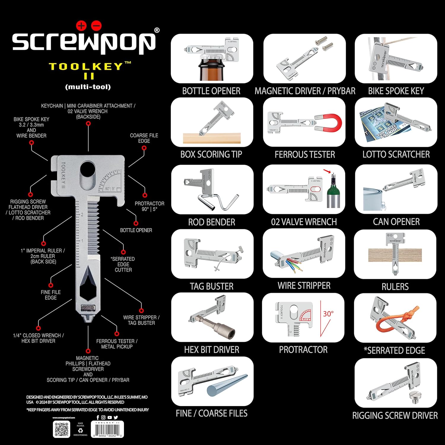 Screwpop Toolkey II Original Keyshape 17+ Multi-tool Includes Magnetic Phillips and Flathead Screwdriver Ultra Thin and Lightweight EDC Design Heat Treated Stainless Steel Silver