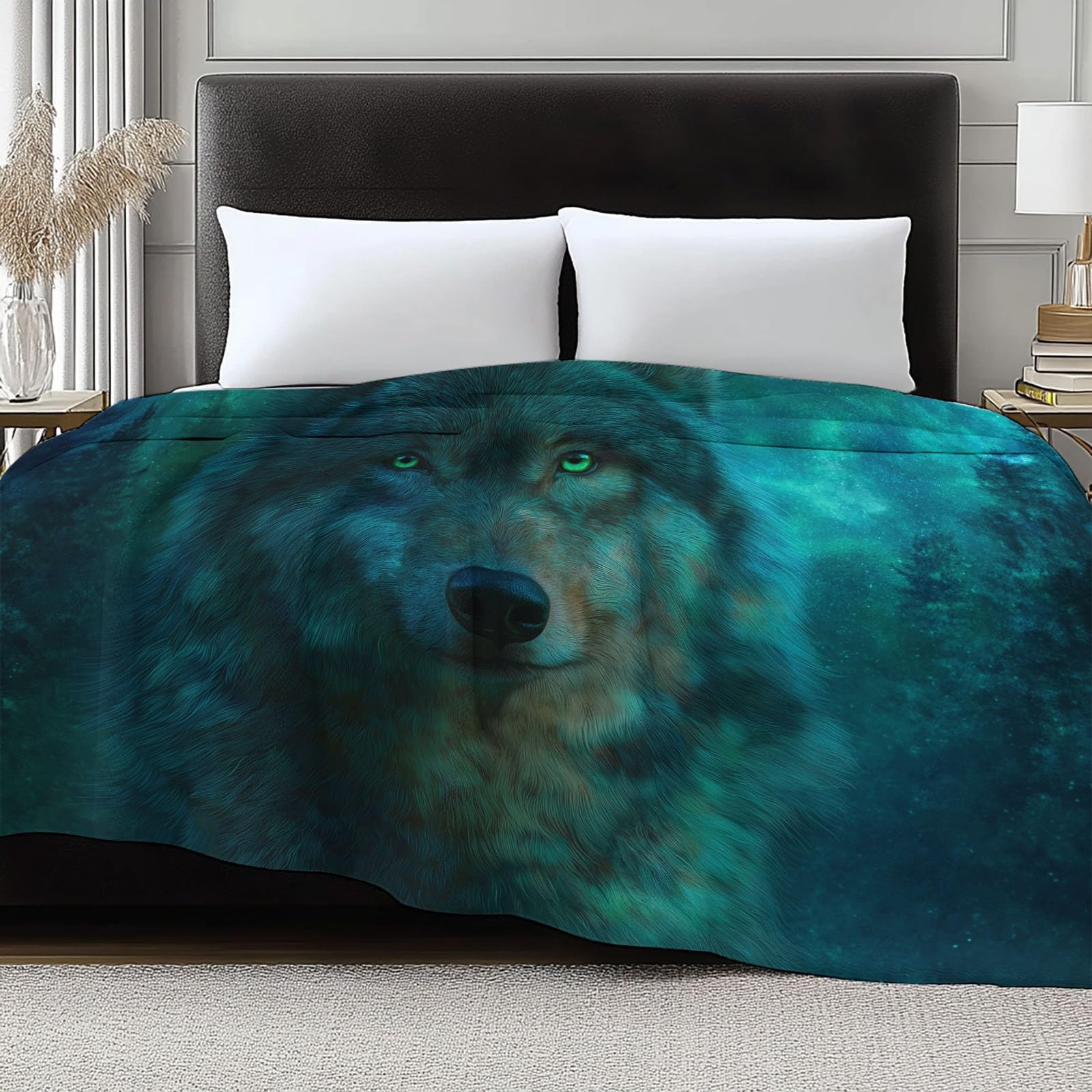 Genérico Wełniany koc 220 x 240 cm zwierzę fantastyczny magiczny las wilk szerpa wełniany koc, zielony flanelowy koc polarowy koc pluszowy dzieci dorośli młodzież łóżko sofa sypialnia żłobek koce