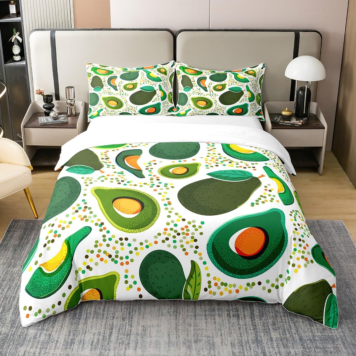 richhomeGreen Avocado 100% Cotton Duvet Cover,Retro Fruits Wild Leaves Comforter Cover,Rainbow Dots Pattern Comforter Cover with 2 Pillowcases King Size