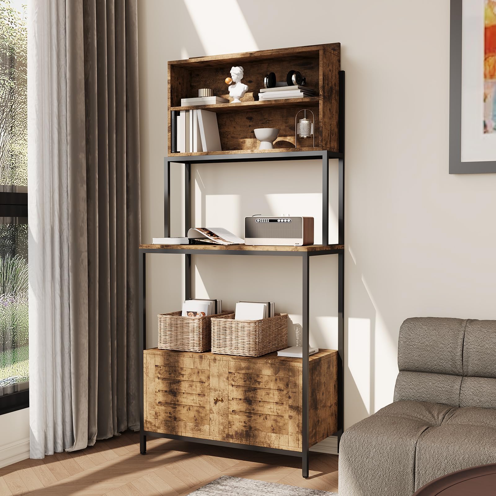 6-Tier Kitchen Bakers Rack with Power Outlet - 67.7" Industrial Microwave Stand with Shelves & Cabinet - Freestanding Storage Organizer for Pots, Pans, Spices & Kitchen Essentials - Rustic Brown